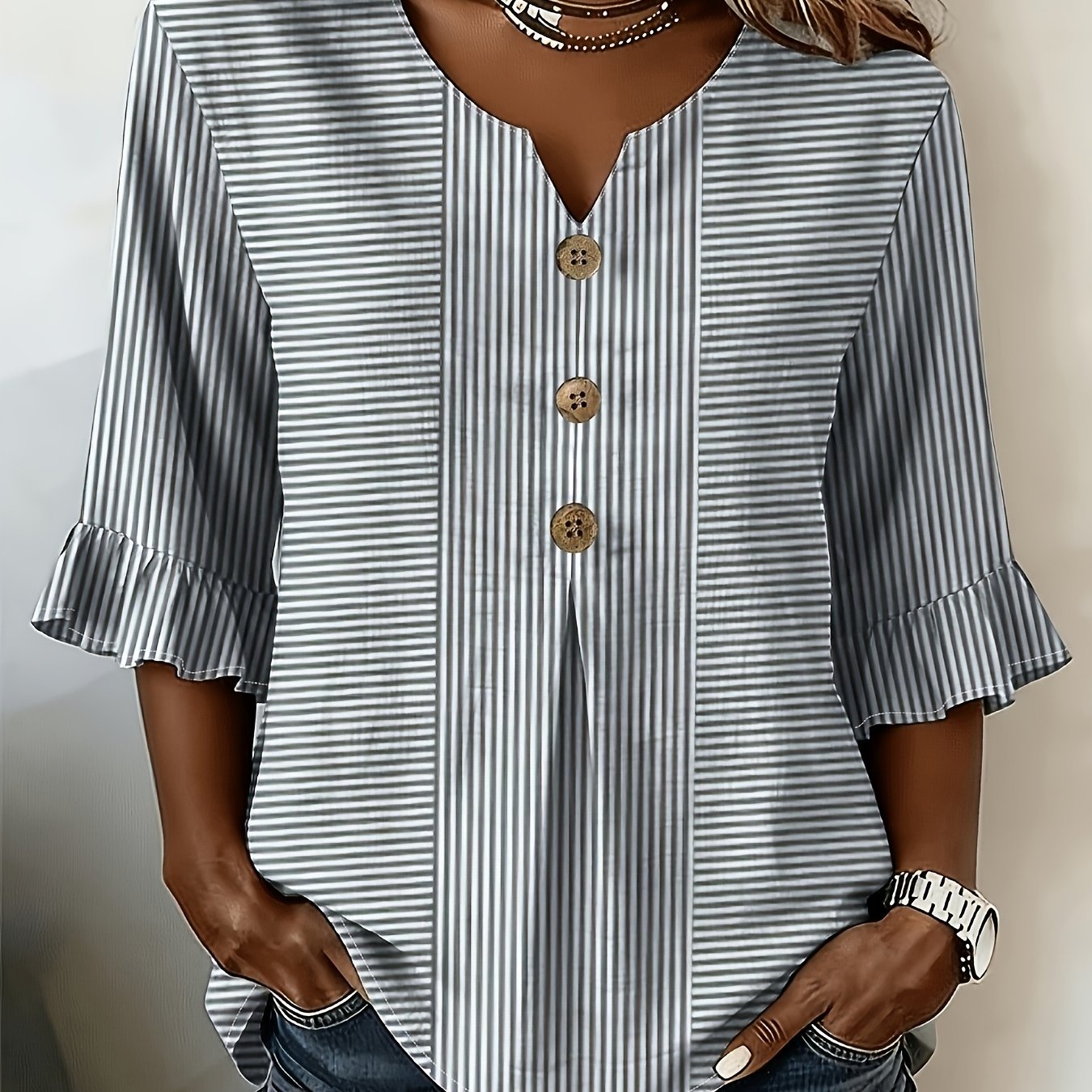 TEMU Plus Size, Plus Size Women's Striped V-neck Three-quarter Sleeve Shirt, Versatile Loose-fit Ruffle Hem Top For Spring/summer Commuting