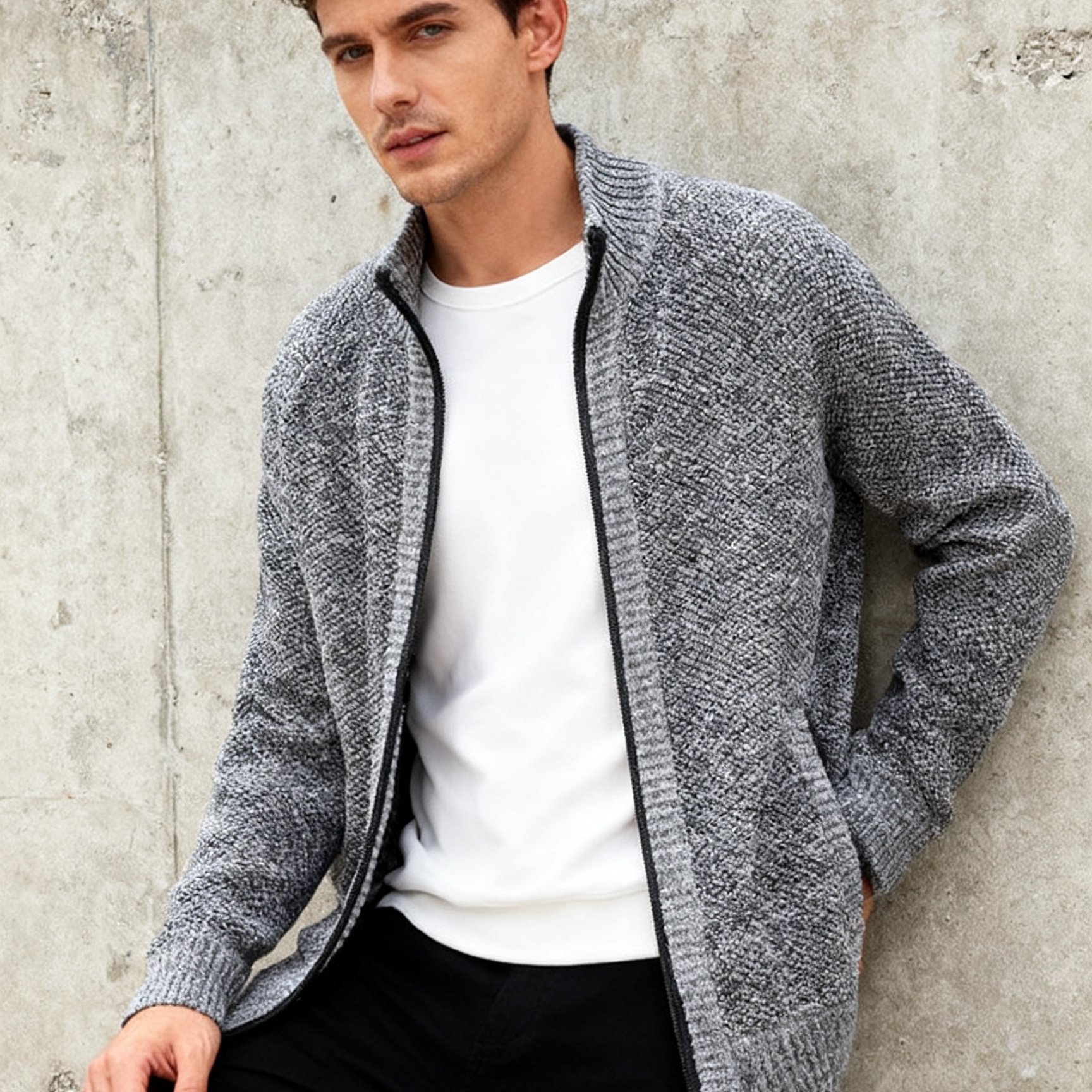 TEMU 1pc Men's Business Casual Jacket Cardigan Autumn And Winter Warm Men's Coat Fashion Collar Knitted Cardigan Zipper Sweater Trendy Versatile