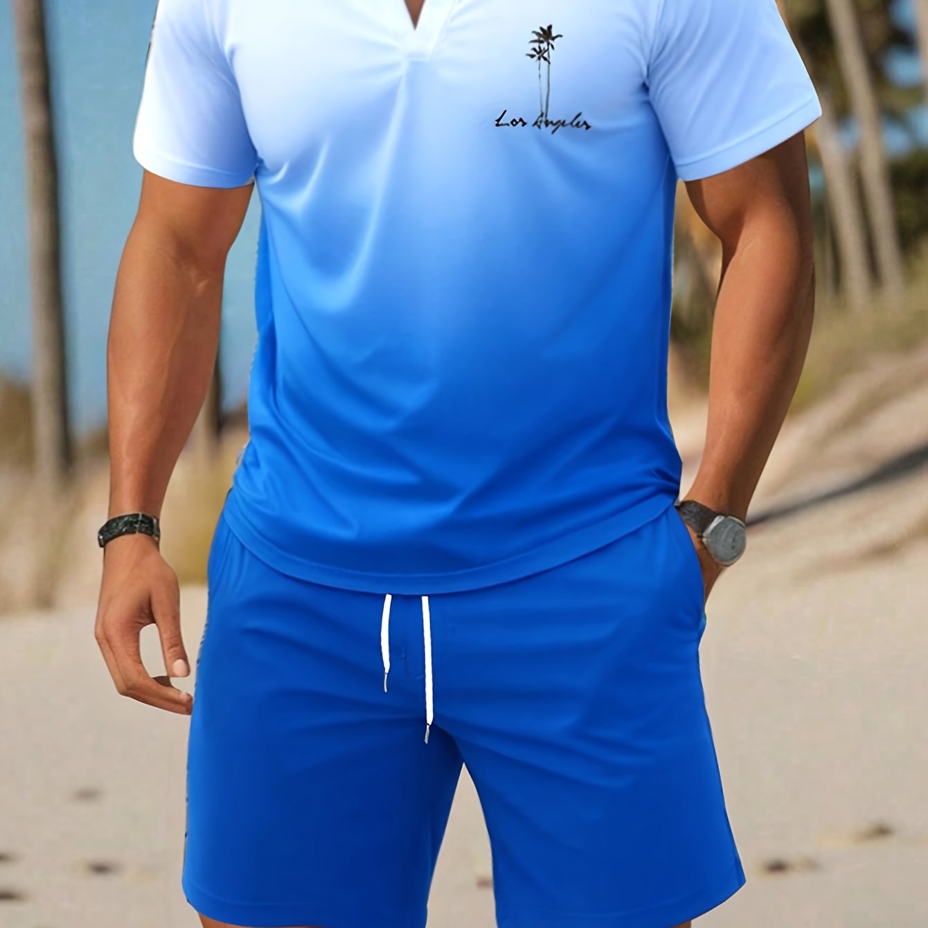 E-shop 2er-Set Lässiges Herren Kurzarm T-Shirt und Shorts | Rundhalsausschnitt, leicht dehnbarer Stoff, Druckmuster, Passform für den Sommer