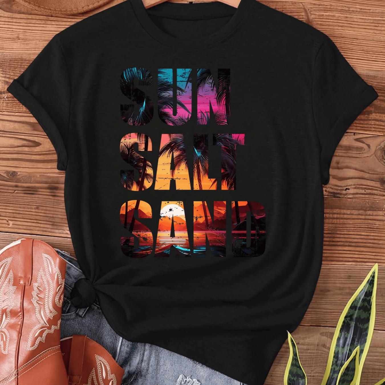 TEMU A Casual Women's T-shirt Featuring A Short-sleeve Round Neck Design, Printed With The Words ' Sand' And A Graphic
