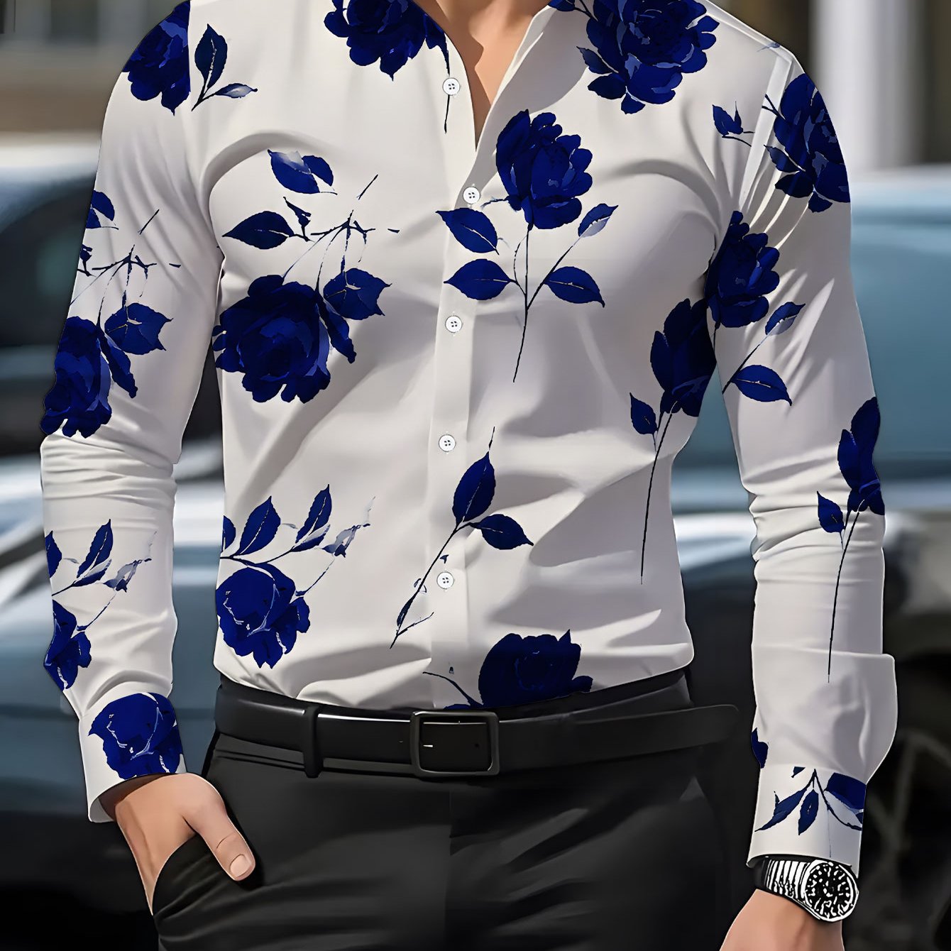 TEMU Men's Long Sleeve Shirt, Elegant , Men's Printed Shirt With Blue Rose Elements, Men's Shirt In And White Colors, Men's Casual Shirt Csc