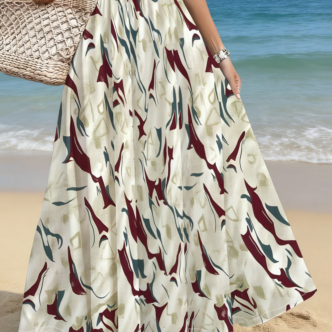 TEMU Women's Plus Size Maxi Skirt With Abstract Floral Pattern. Perfect For Beach Vacations, Travel And Casual Summer Wear. Elegant Setting Design