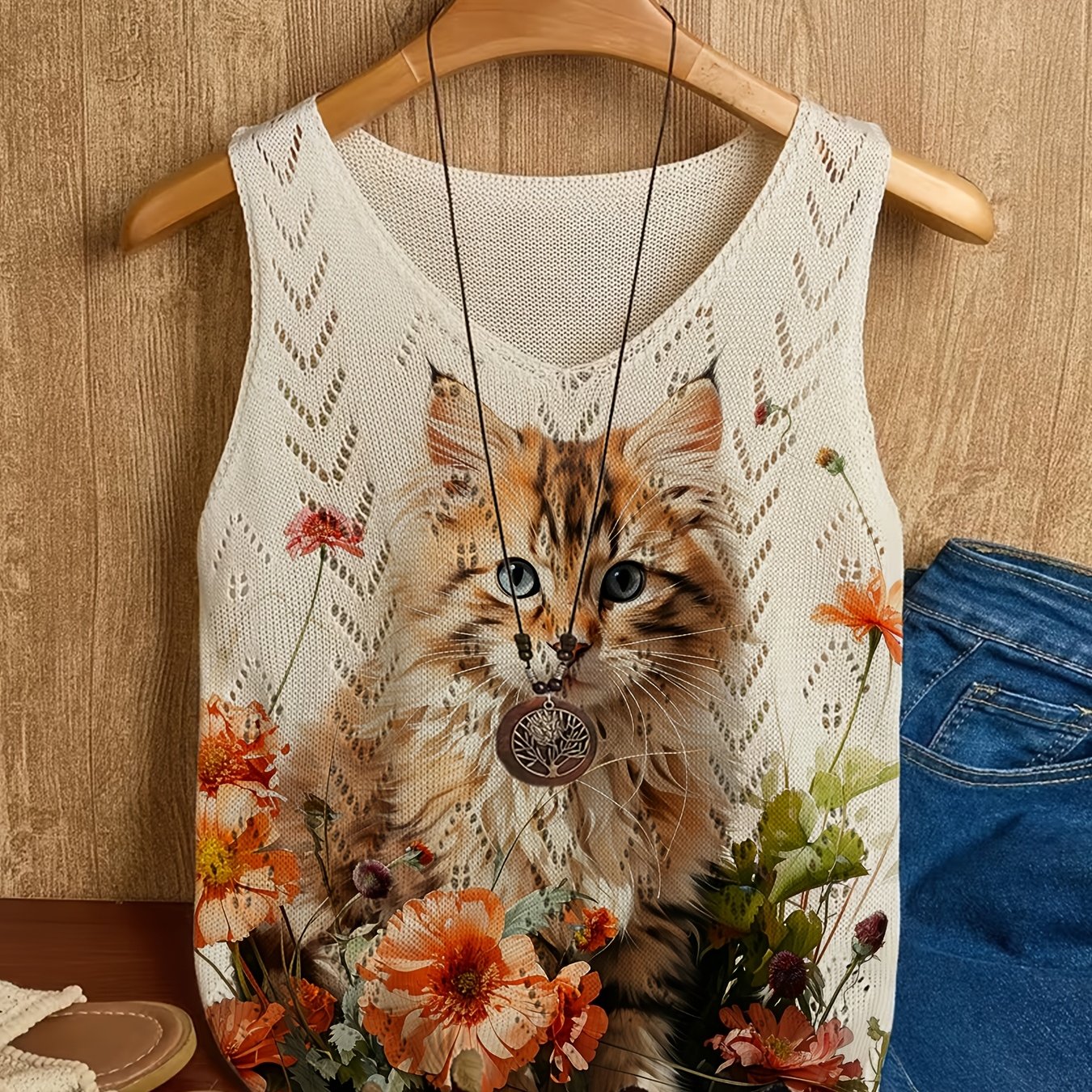 TEMU [2d Digital Printing] Women's Spring/summer Sleeveless Cat Print Tank Top, Early Spring Hollow-out Versatile Regular V-neck Inner Tank Top,