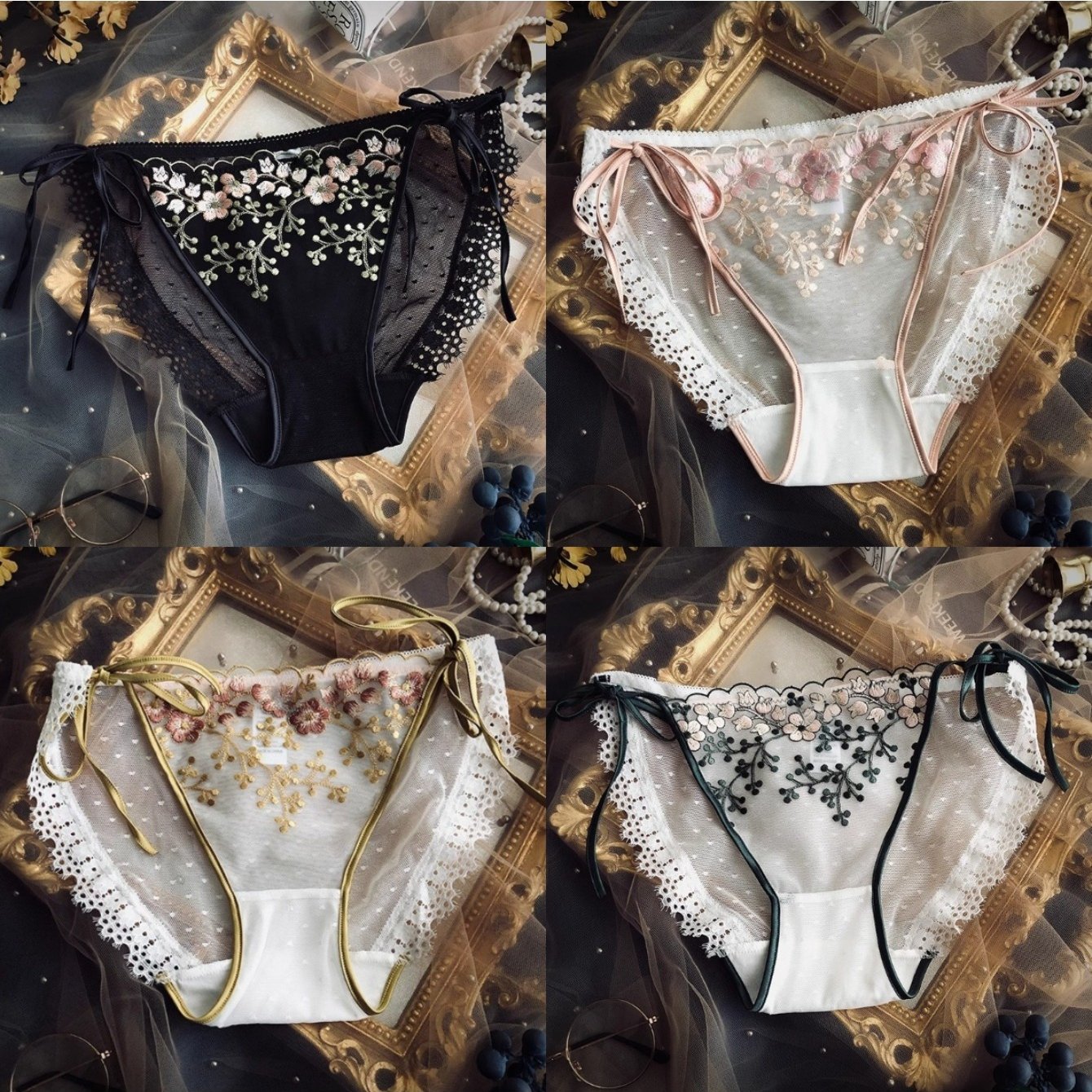 TEMU 4 piezas Ropa Interior Sexy de Encaje con Tirantes Malla , Cómoda y Estilo Pure Desire ' Pantalones de Cintura para Mujer
