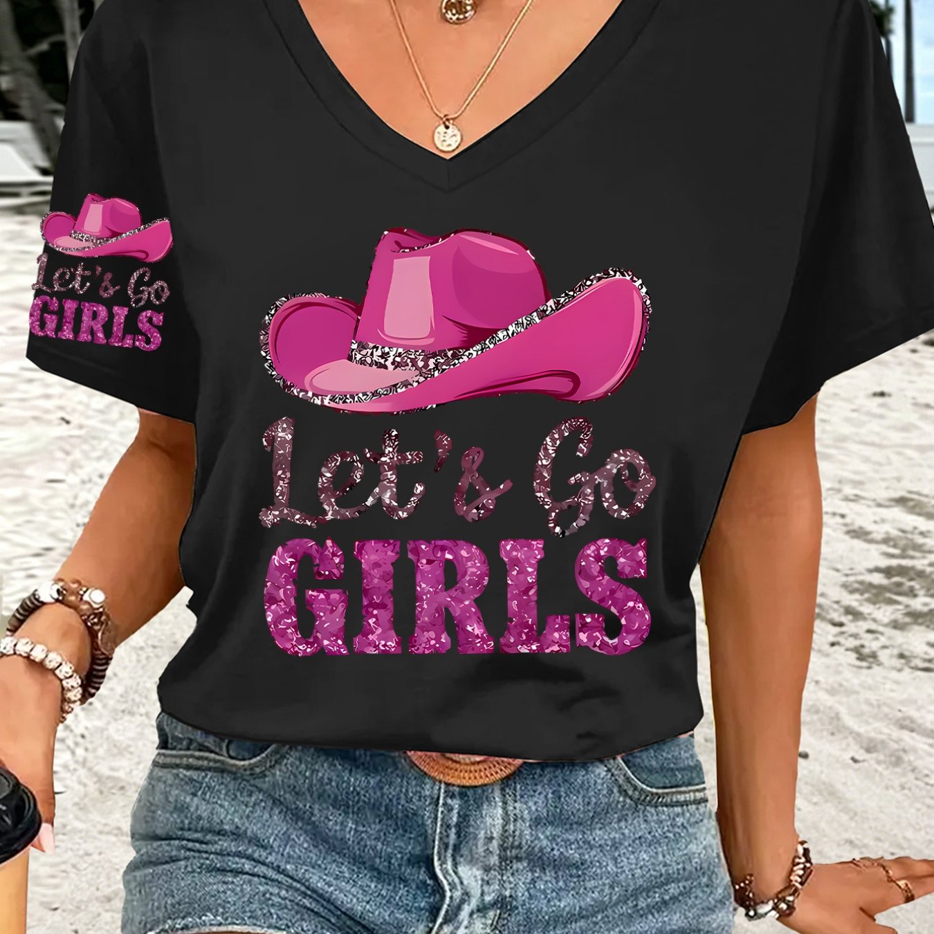 TEMU 1pc Loose V-neck Printed Design Highlighted With Cowboy Hat Pattern And Go Lettering, Casual Fashion Style New Y2k Style Single Sleeve Printed