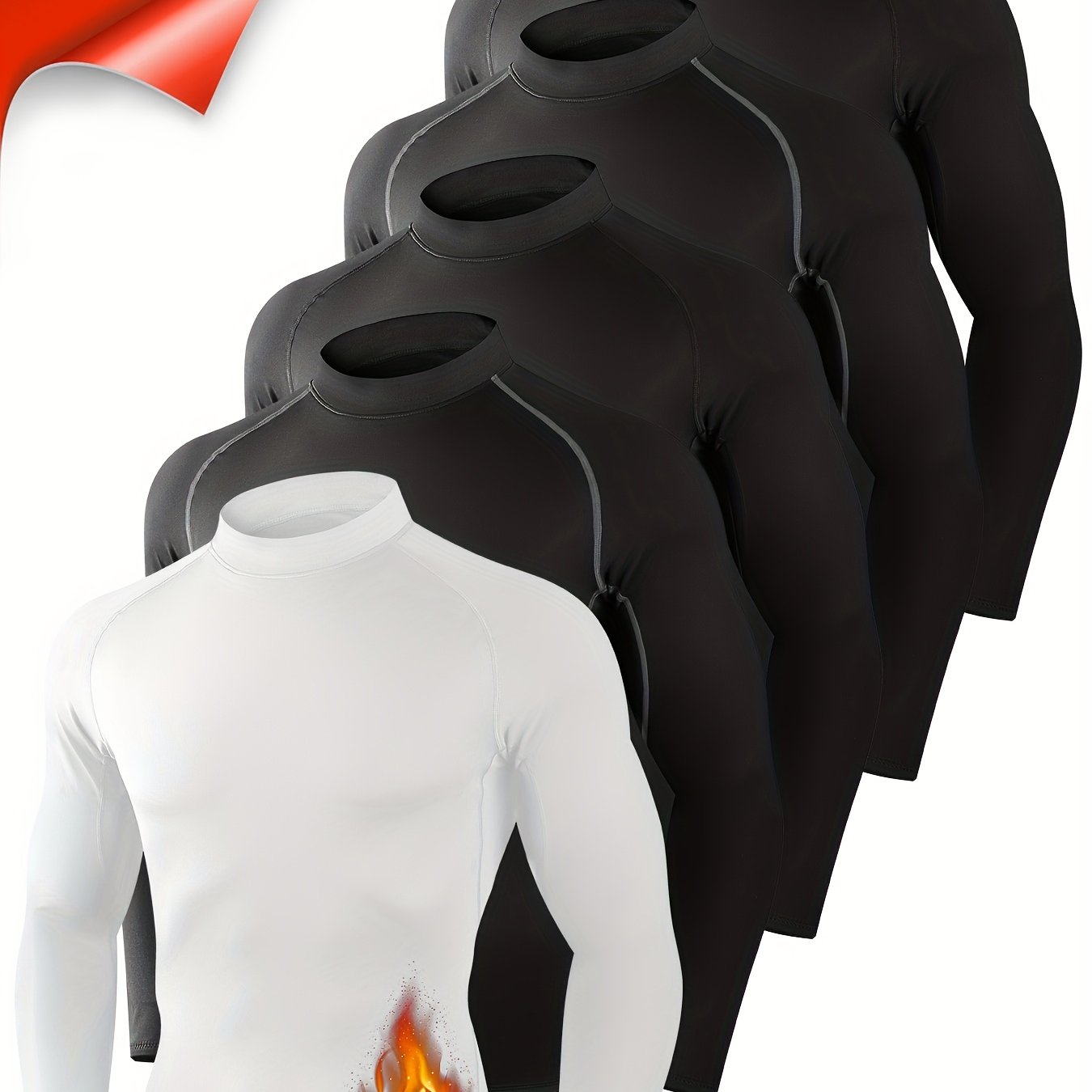 TEMU 5pcs Men's Thermal Turtle Mock Neck Shirts, Long Sleeve Compression Shirts Lined Undershirt Base Layer Tops