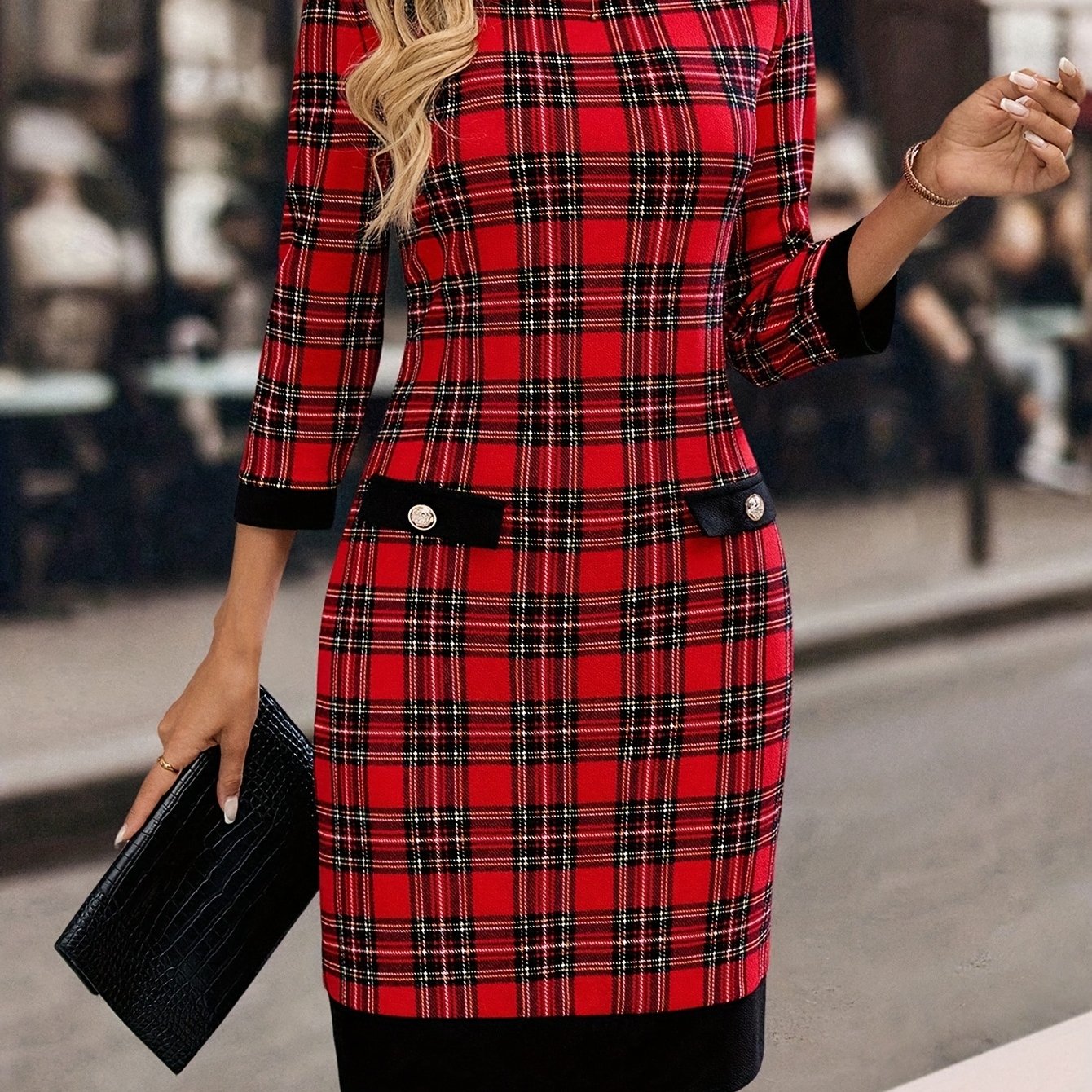 TEMU Mini-robe à carreaux pour femmes, 2026, idéale pour les quotidiens ; Robe décontractée à manches longues et col rond à carreaux pour femmes ;