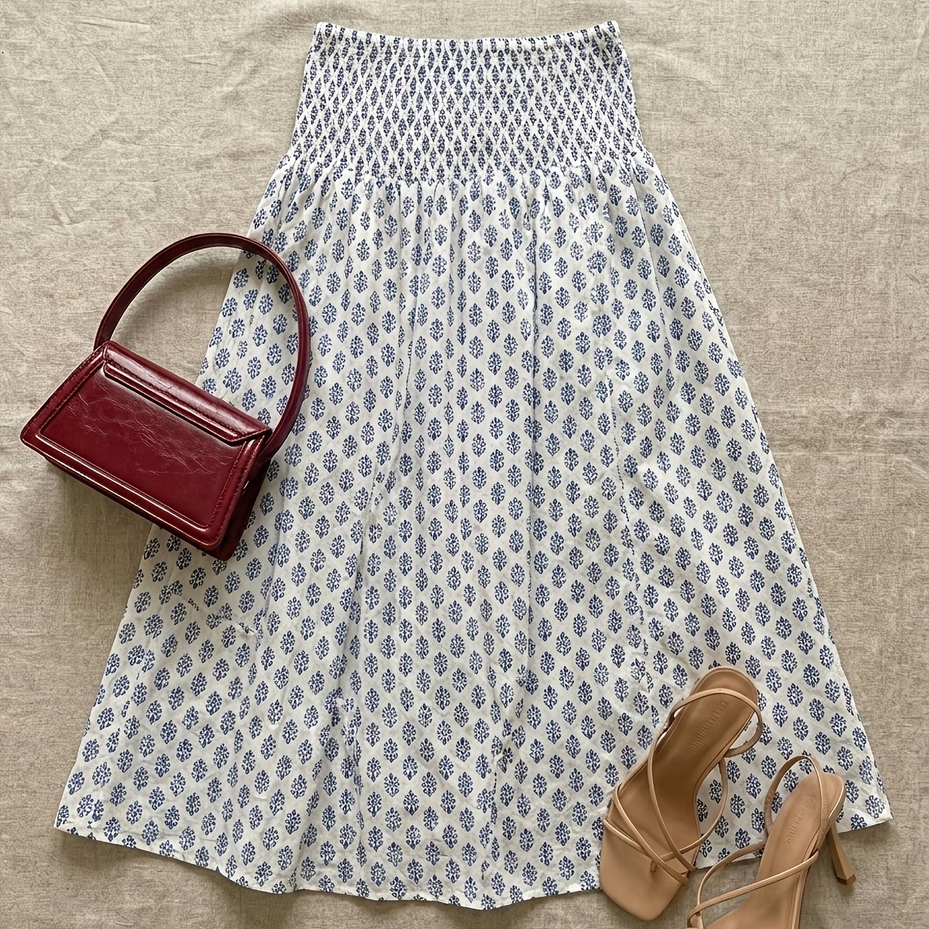 TEMU Women's Blue And White Floral Print Half Skirt, Elastic Waistband Shirring High Waist Draped A-line Large Hem Dress