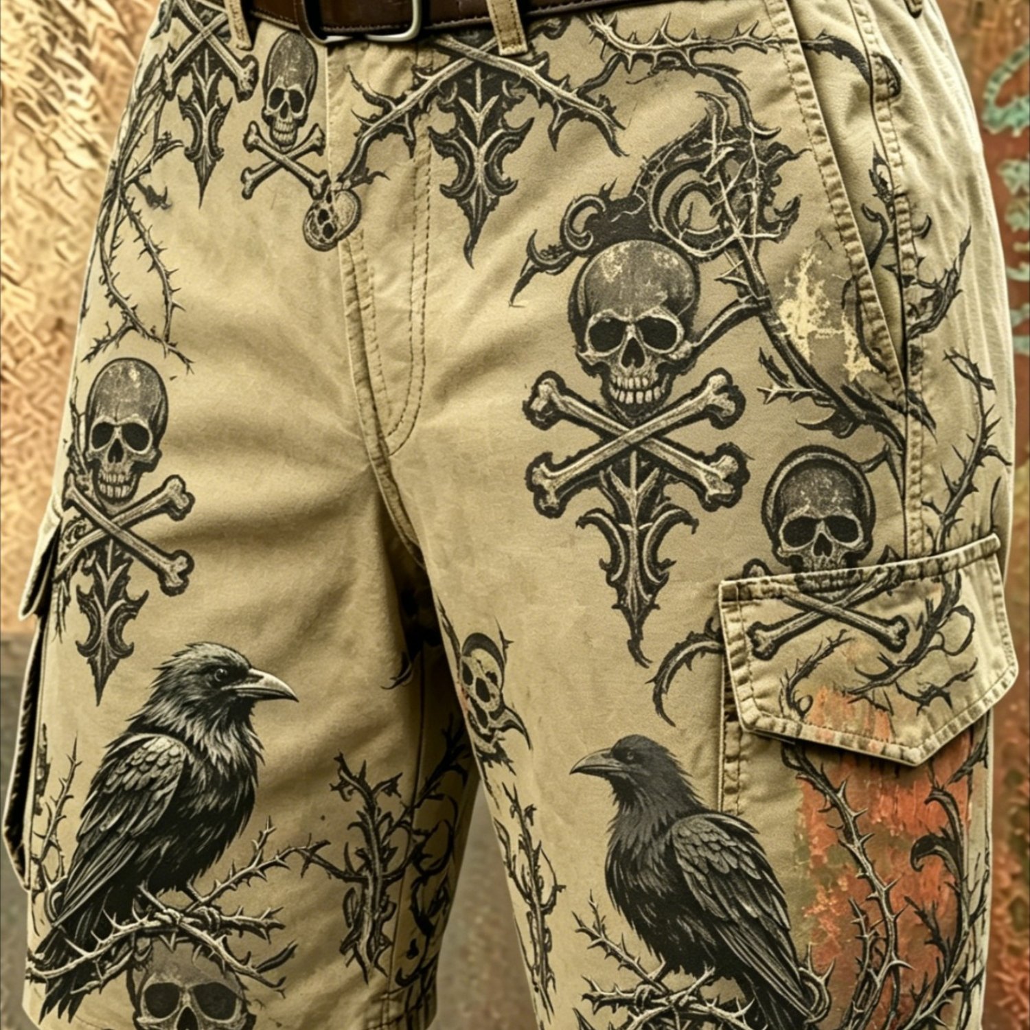 Image of 1pc Men's Gothic And Skull Print Cargo Shorts, Vintage Norse Crow Pattern, Casual Multi- Shorts, Breathable Fabric For Punk Rock Style, Halloween And Daily Wear