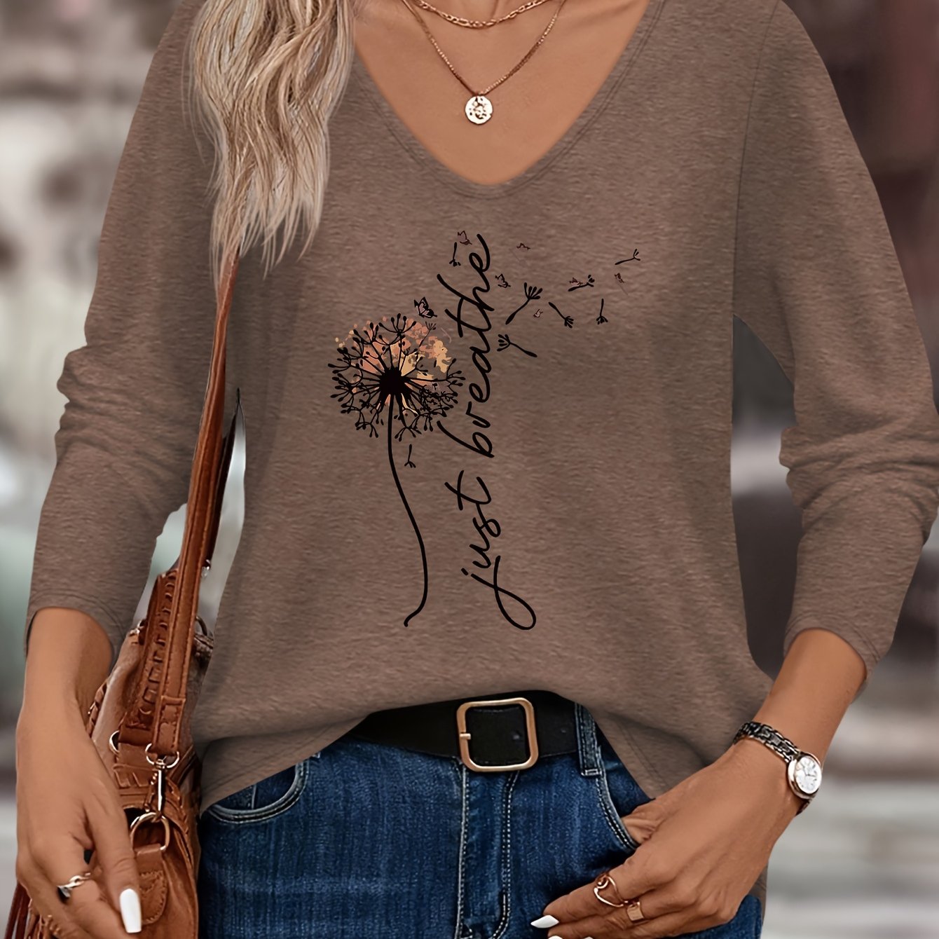TEMU Dandelion Print European And Women's Autumn And Winter Daily Comfortable Simple Casual Fashion Versatile Color V-neck T-shirt