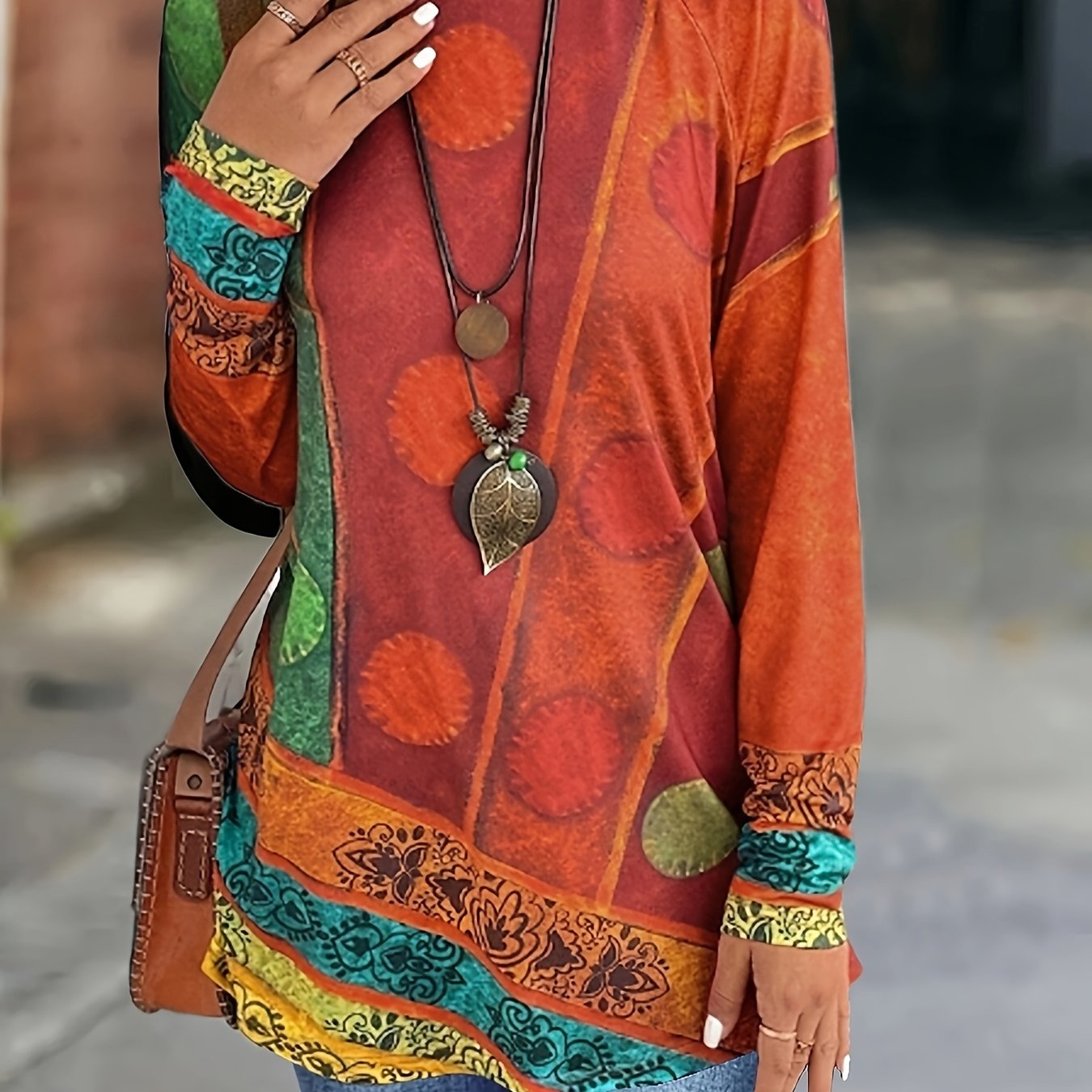 TEMU Plus Size, Plus-size Women's Bohemian Ethnic Print Long-sleeve T-shirt - Vibrant Color , Stretchy And , Machine-washable Round-neck Top, Casual