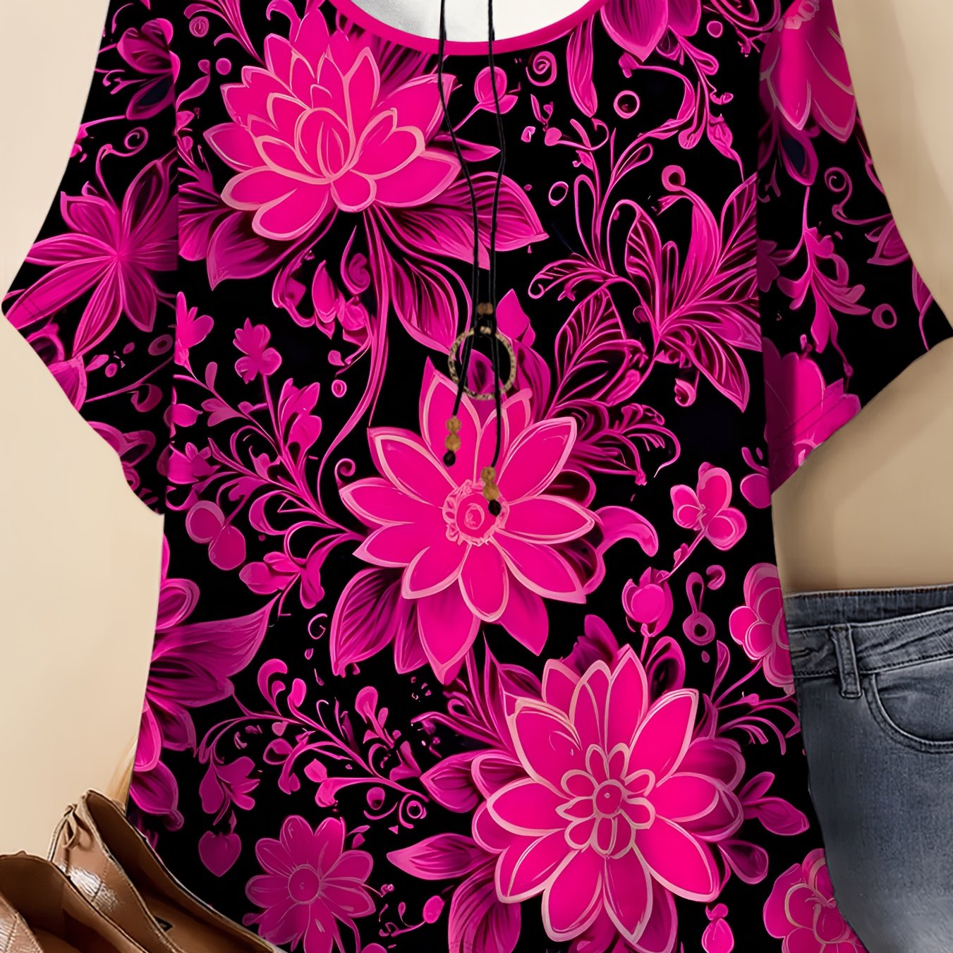 TEMU Plus-size Women's Round-neck Short-sleeve T-shirt, With Rose-red Vintage Floral Print, Loose, Comfortable, Casual, And Versatile, Suitable For