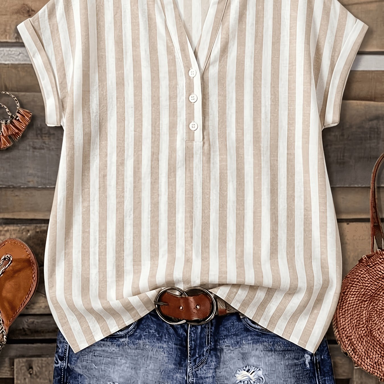 TEMU New Summer Women's Stand Collar Striped Batwing Sleeve Shirt, Casual Versatile Half-open Front Blouse