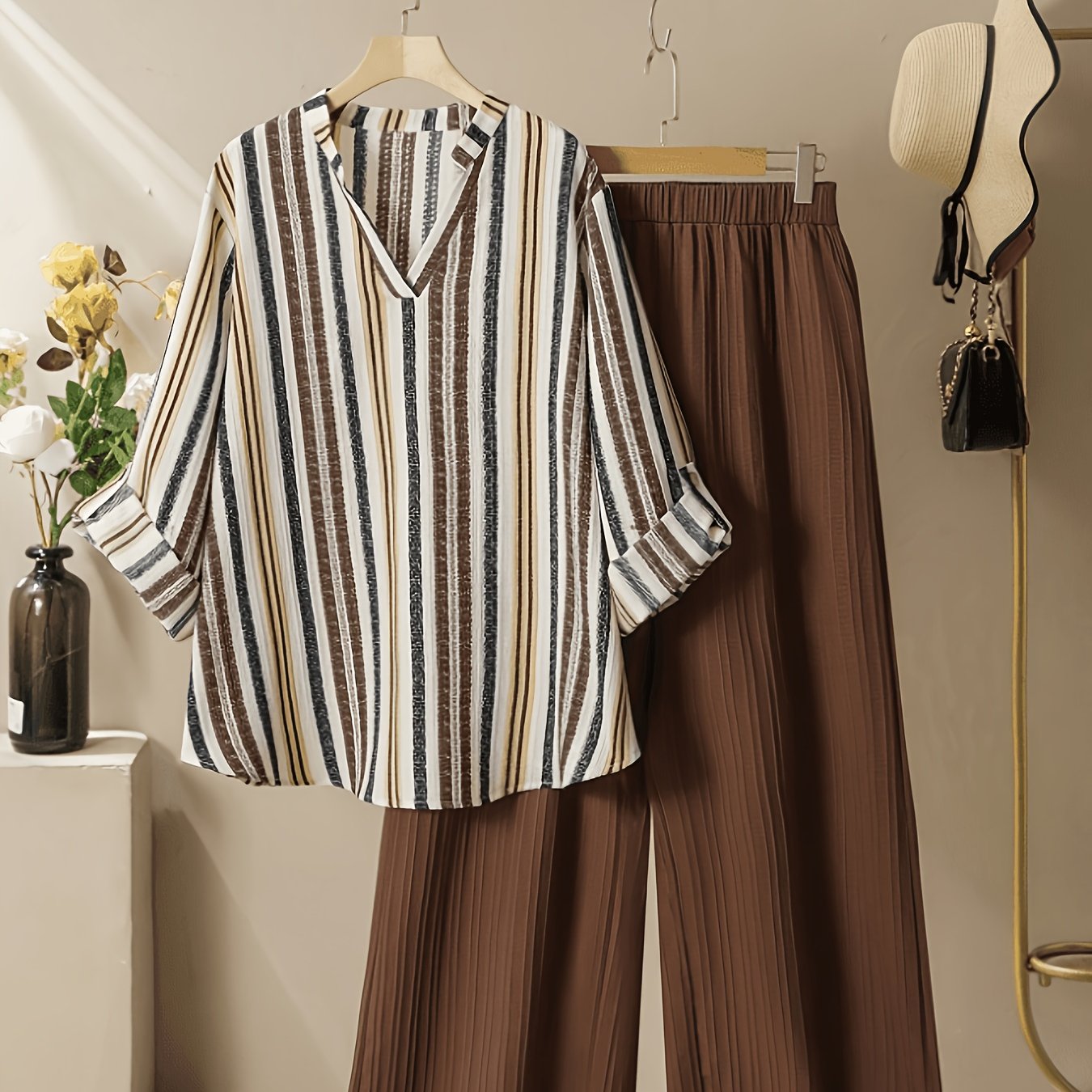 TEMU Plus Size, Plus-size Women's Long-sleeve Shirt And Wide-leg Pants Set With Colorful Striped Print, A Loose And Comfortable Plus-size Outfit