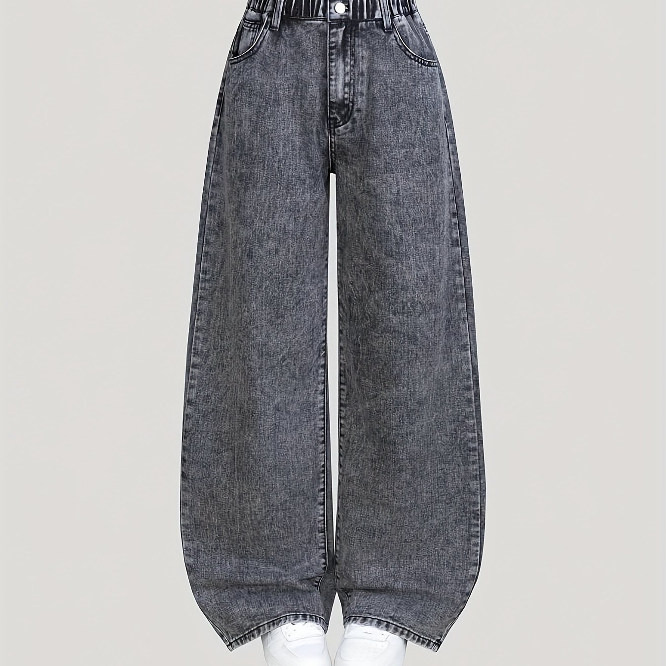 Image of Girls' Denim – Cool Black Washed Denim Pants, Fashionable And Trendy, , Practical And Versatile, Elastic Waistband For A , Suitable For Occasions, Create A Cool Girl's Look