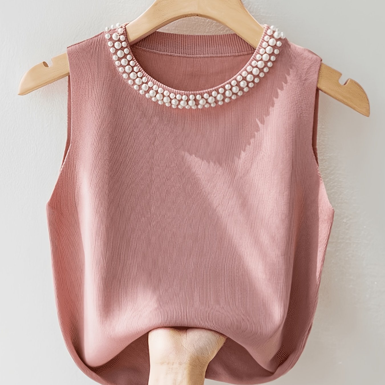 TEMU Chaleco elegante sin para mujer adornado con perlas - Chaleco interior de manga corta y cuello de color liso, de ajuste regular y línea , para