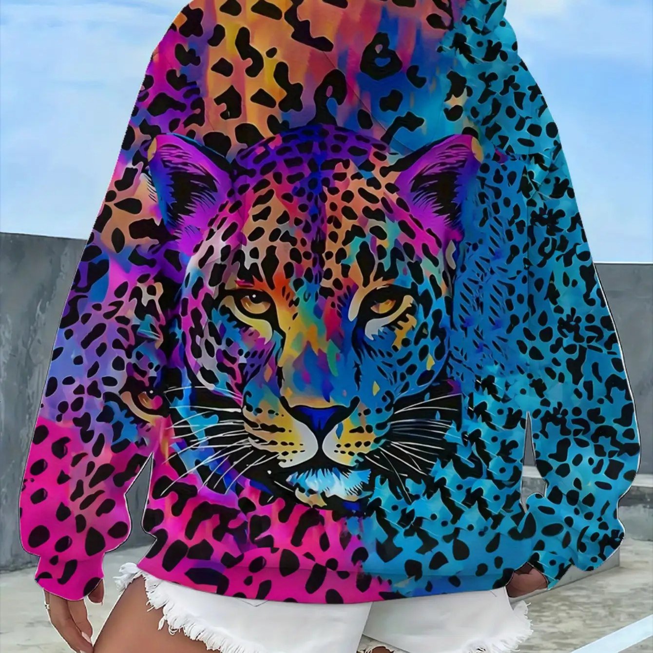 TEMU Plus Size - Plus Size - Women's Plus Size Loose Leopard Print Hoodie - Vibrant Multicolor Yellow Green With Pink Spots, Casual Pullover,