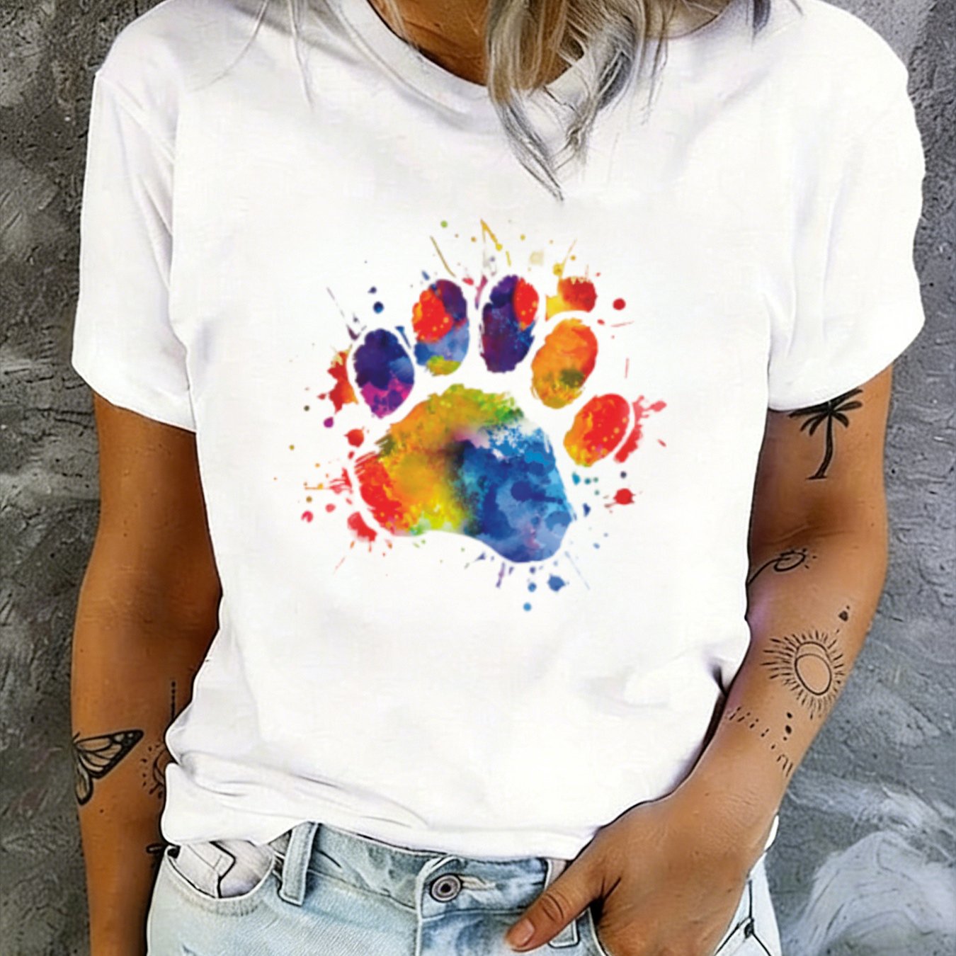 Women' Watercolor Paw Print T-shirt - Breathable Short Sleeve Top With Relaxed Fit & Round Neck, Suitable For Everyday Casual Wear, Spring Summer Outfits, Machine Washable Blouse-compatible 18-35