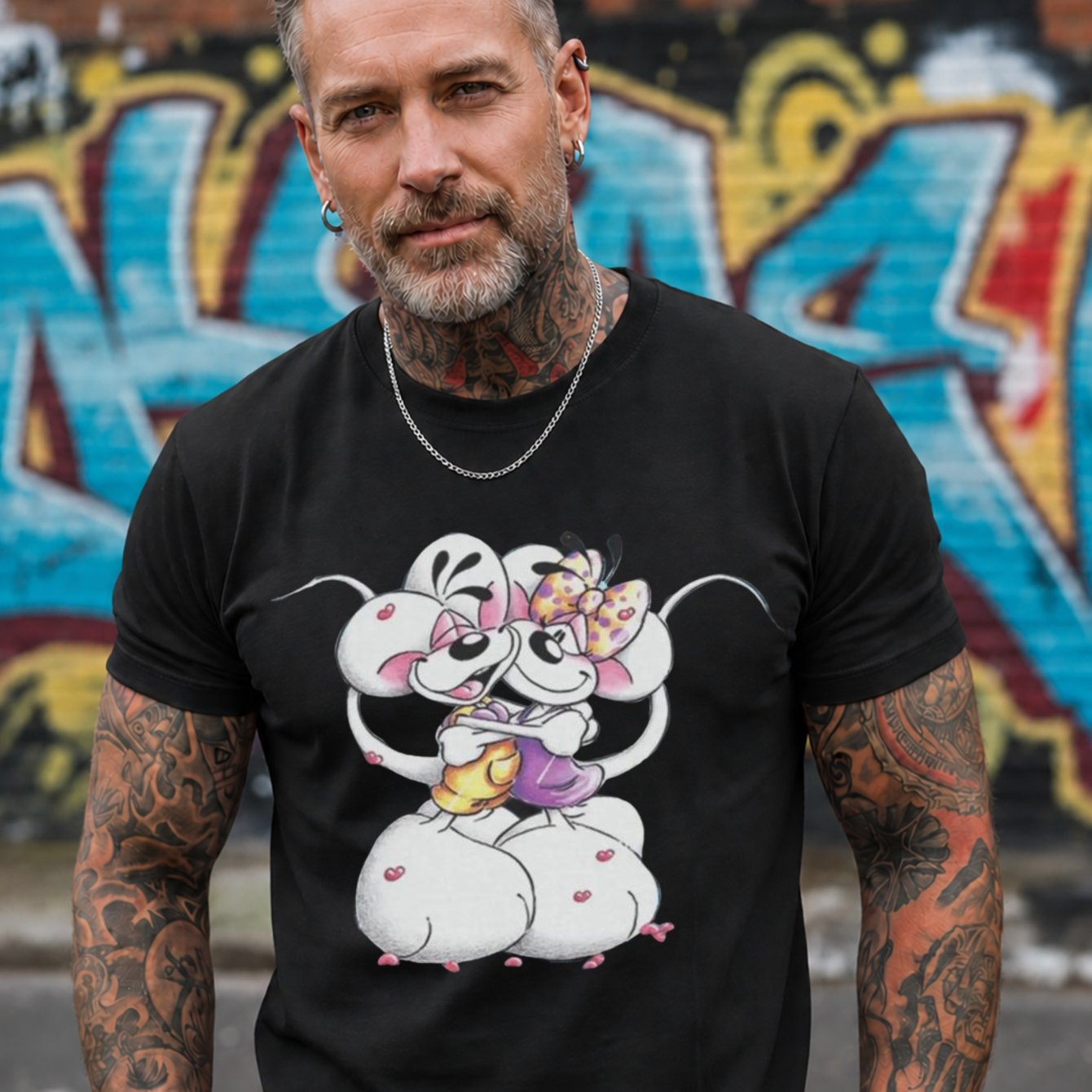 Image of Cute White Mouse Couple Graphic T-shirt Hugging Cartoon Characters With Polka Dot Bow Pastel Hearts And Colors Tee Men's T-shirt