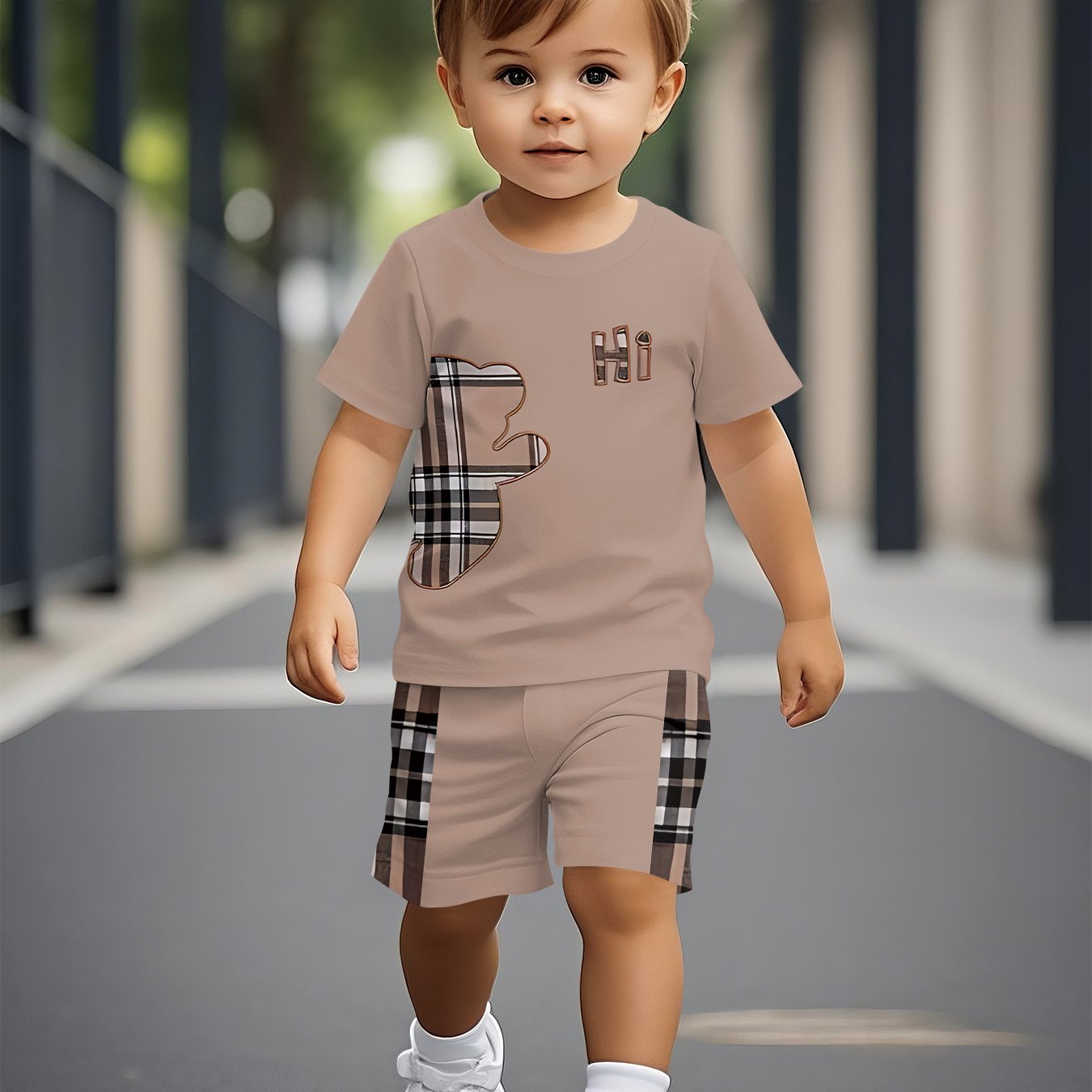 Image of Bear Print Summer Trendy Fashion Outfit For Baby Boys, Stylish Casual Set, Ideal For Daily Wear And Outdoor Activities, Perfect Gift For Infants And Toddlers, For Outdoor