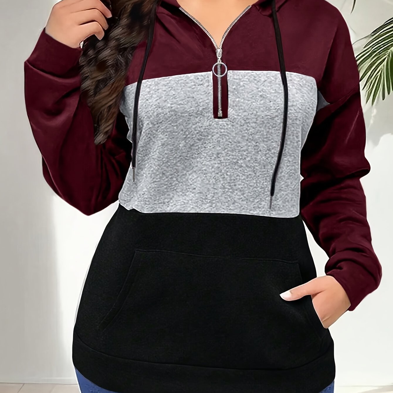 TEMU Women's Zip-up Hoodie - Burgundy & Dark Block Jacket, Full-zip Front Closure, Machine Washable Winter Coat For Casual & Formal Outfits, Zip Up