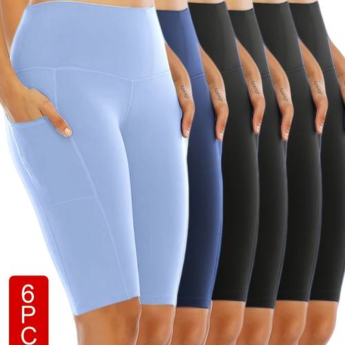 6pcs set of womens cycling shorts with pockets high waist belly closing exercise yoga tennis shorts large size sports shorts
