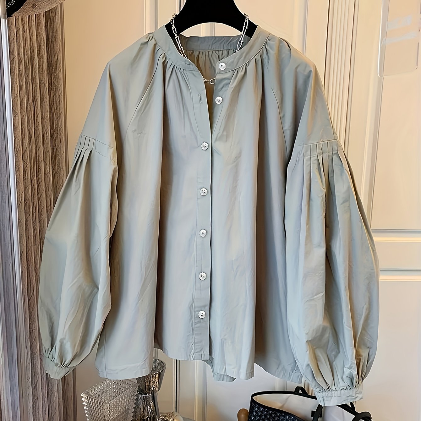 TEMU Solid Ruched Puff Sleeve Stand Collar Long Sleeve Shirt, Fashion Button Front Puff Sleeve Long Top, Women's Clothing