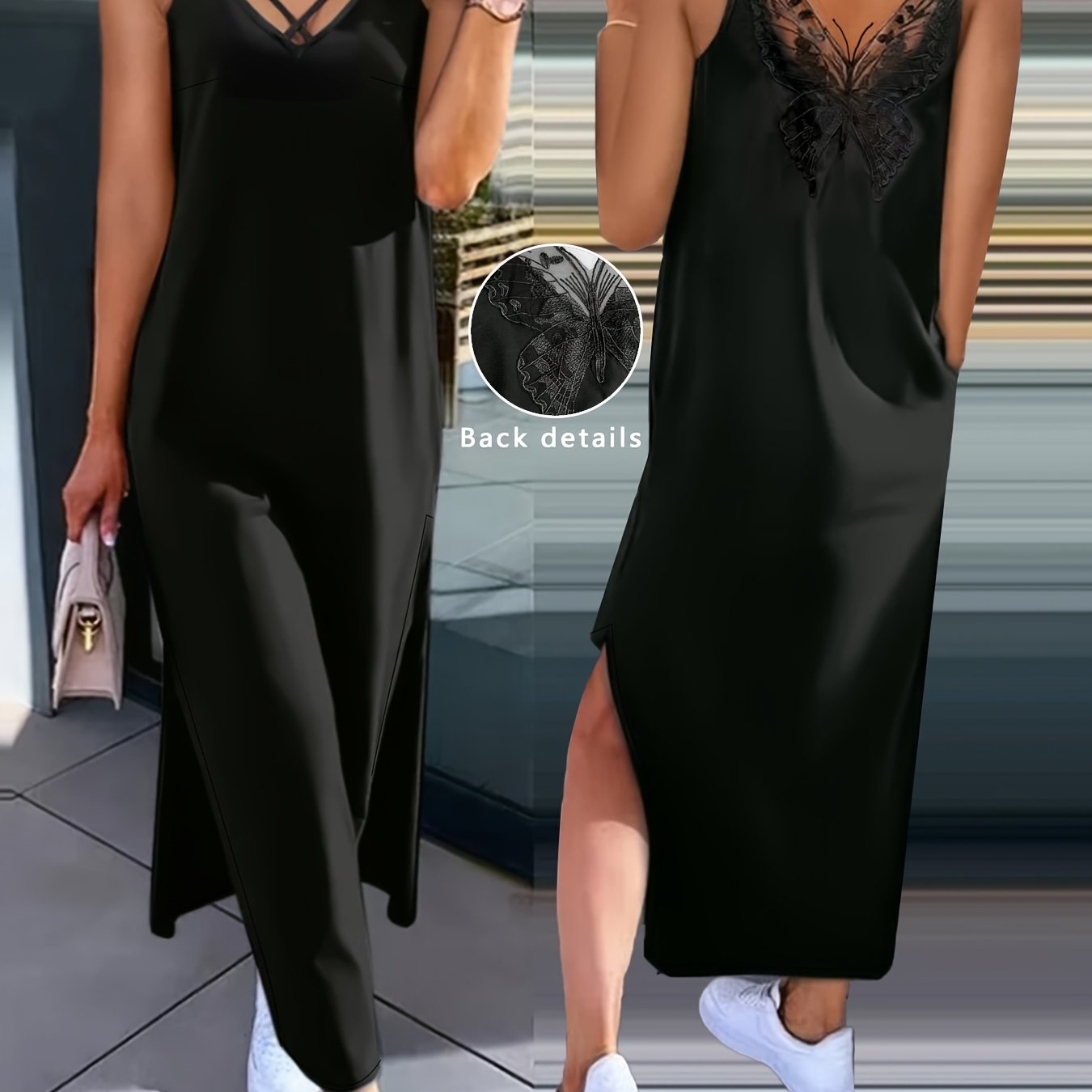 TEMU Spring Summer New Elegant Women' Lace Contrast Splice Slit Maxi Dress, Midi Slip Dress, V-neck Spaghetti Strap Camisole Dress With Lace Back,