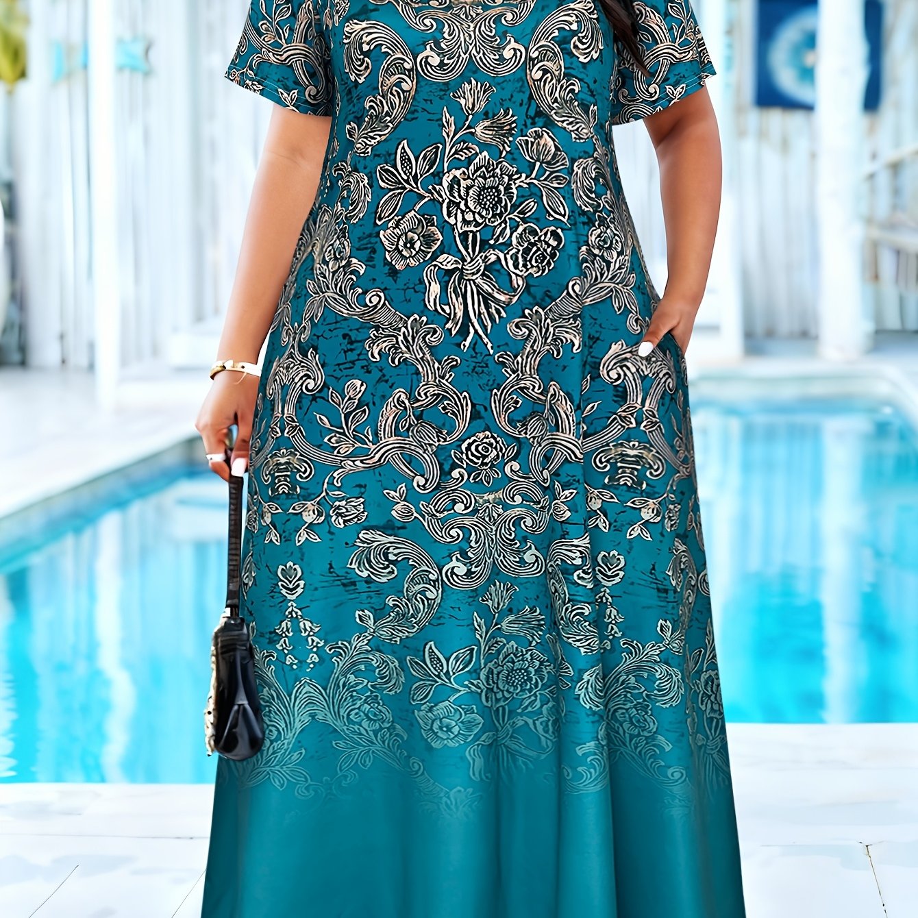 TEMU Plus Size, Plus Size Women's Bohemian Maxi Dress - Short Sleeve Round Neck Beach Dress With Gradient Print & Side Pocket, Draping Skin-friendly