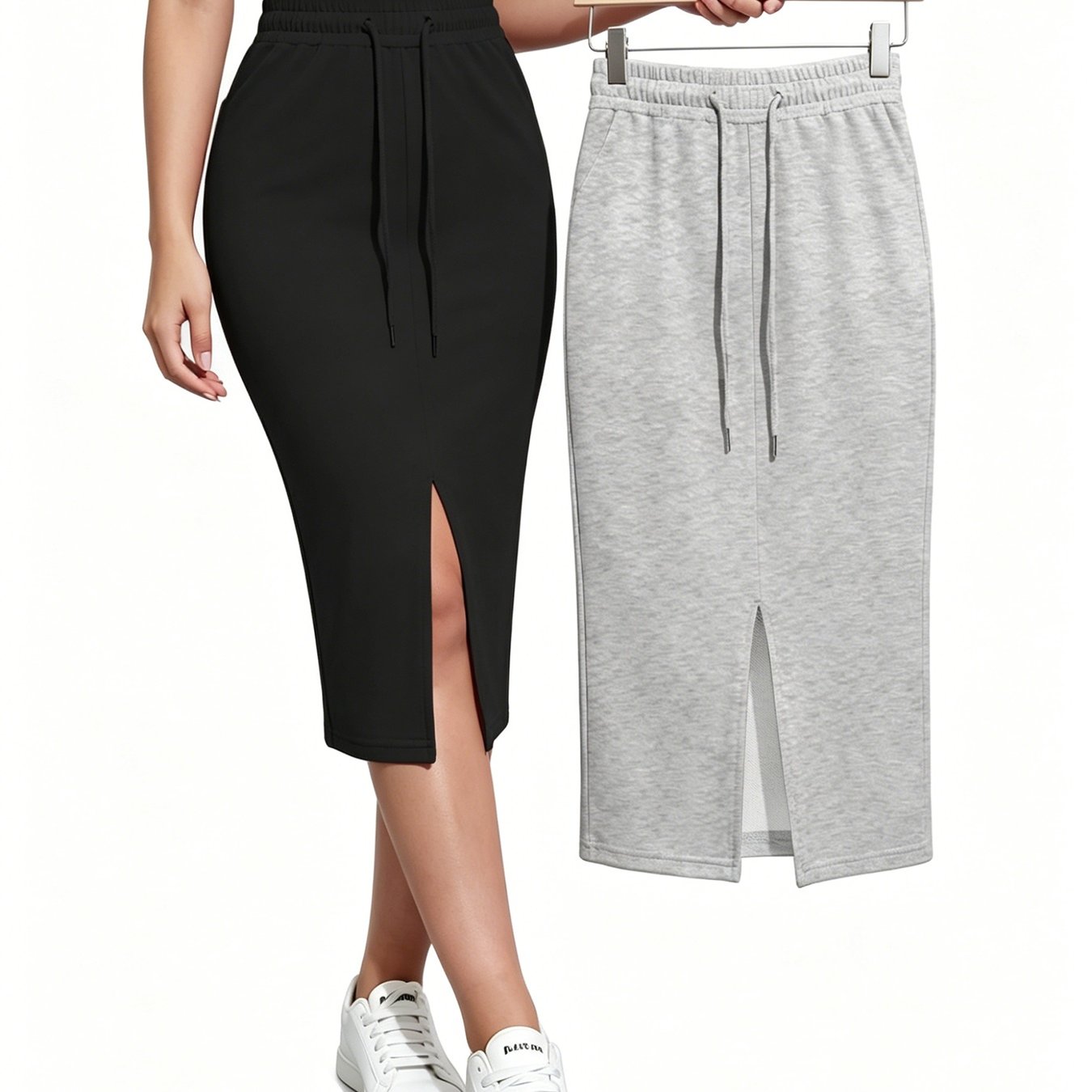 TEMU 2pcs Set Women's High-waist Slit Skirt, Casual Elastic Drawstring Sweatshirt Skirt, Versatile Midi Bodycon Skirt