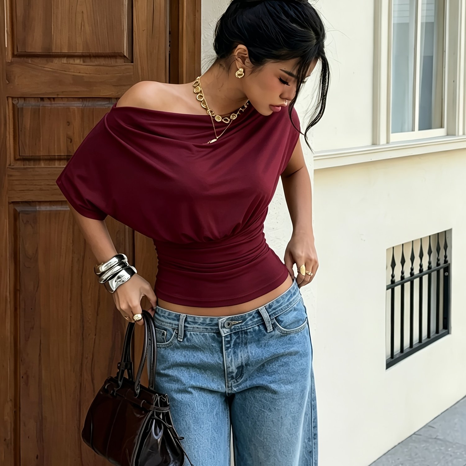 TEMU DJ260406729 Haut une épaule pour femme, T-shirt polyvalent à manches courtes, Style épaule dénudée, Toute-tenue