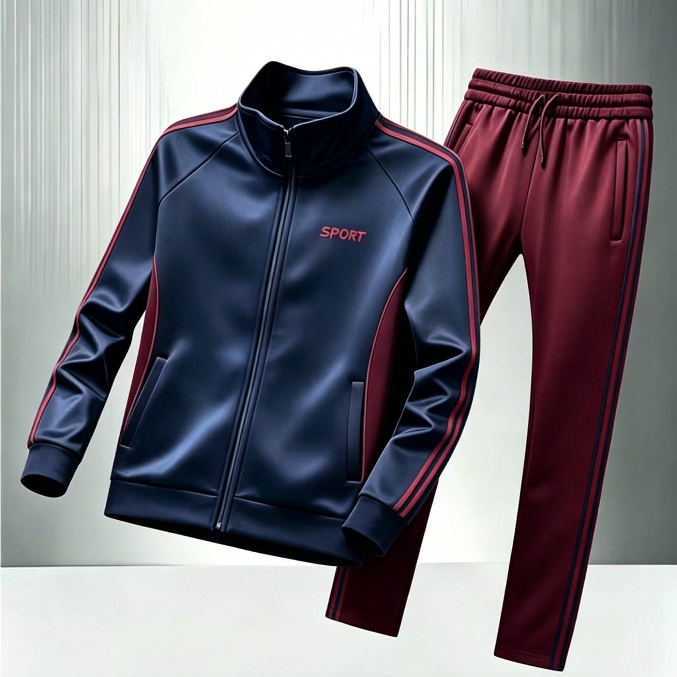 Men's Navy And Burgundy Color Print Tracksuit Stand Collar Zip-up Jacket And Elastic Waist Pants Spring And Autumn Casual Two-piece Set Plus Size Options For Daily And Gym Wear