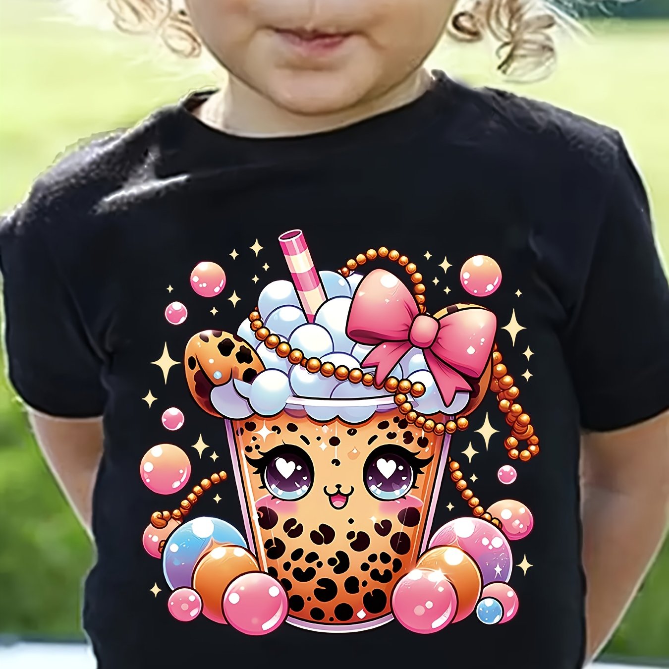 A Short-sleeved T-shirt For Girls Featuring A Trendy Cartoon Milk Tea Print, Wear And Outdoor Activities And Summer