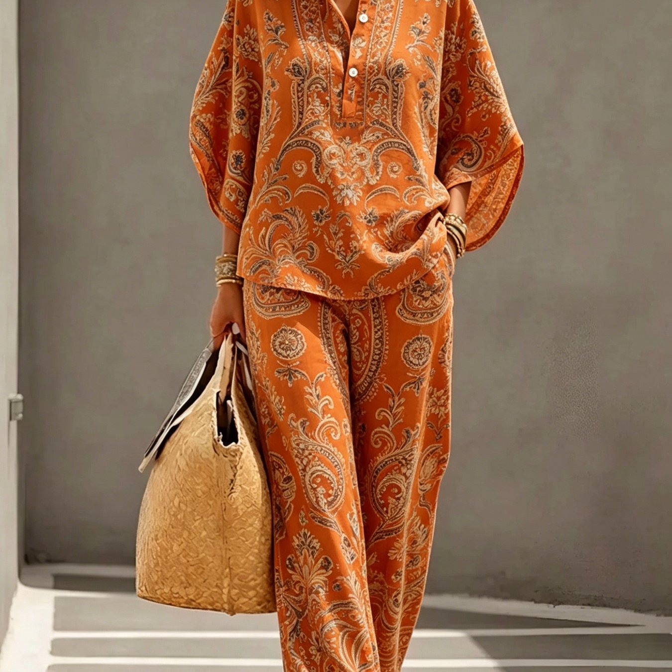 2pcs Set, Women's Stand-collar Three-quarter Sleeve Shirt With Casual Trousers, Geometric Art , Lightweight And Comfortable Summer Fabric, Suitable For Vacation, Leisure, Outdoor And Other