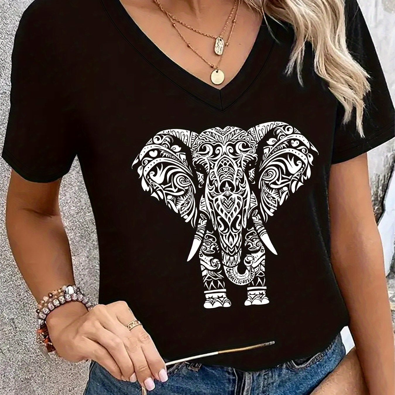 TEMU Women's Casual Short Sleeve V-neck T-shirt - Elephant Graphic Print, Soft Breathable Fabric, Relaxed Fit For Summer & Spring, Machine Washable