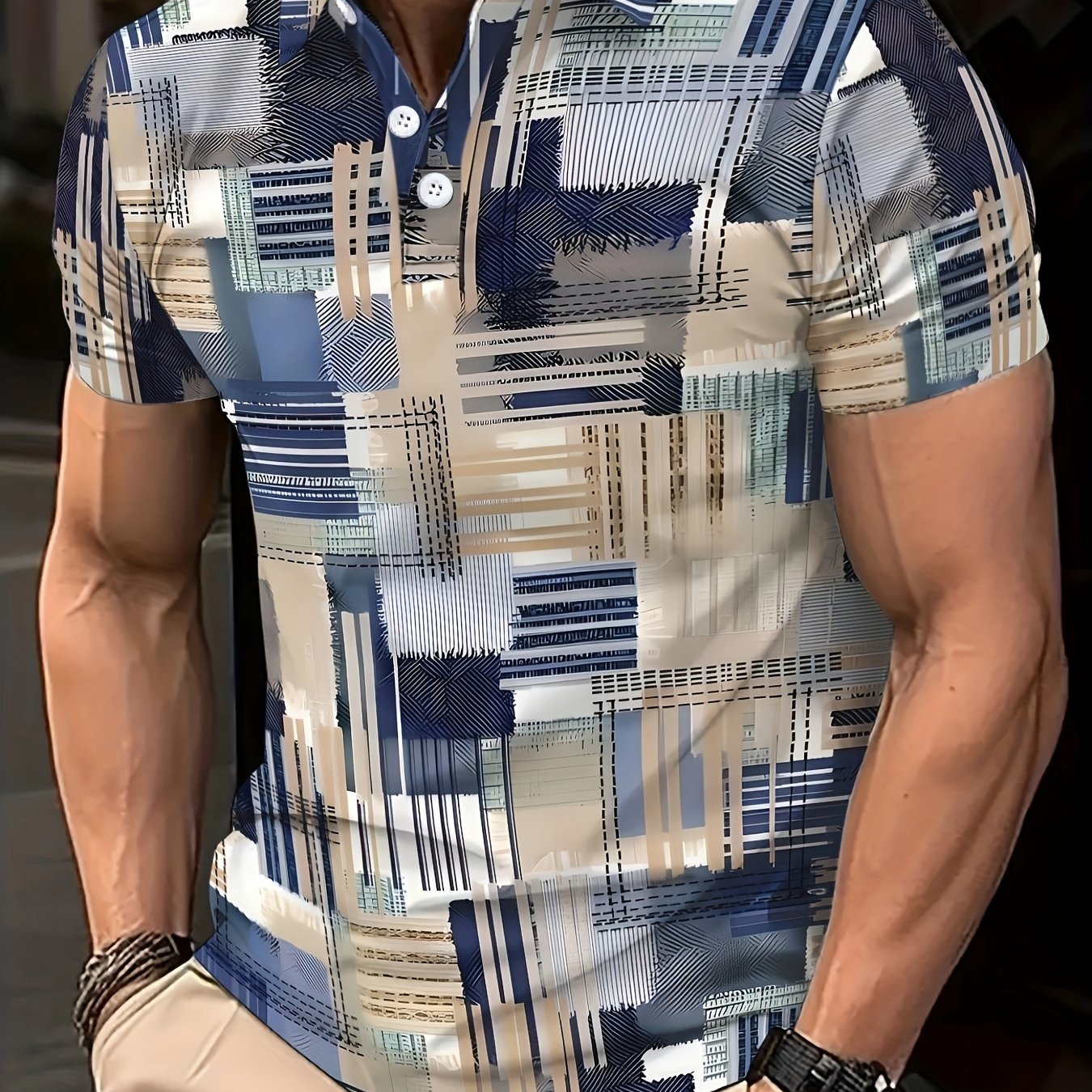TEMU Men's Shirt With Abstract Geometric And Creative Pattern Prints, Short Sleeves, Summer Wear, Versatile For Indoor And Outdoor Use, Suitable For