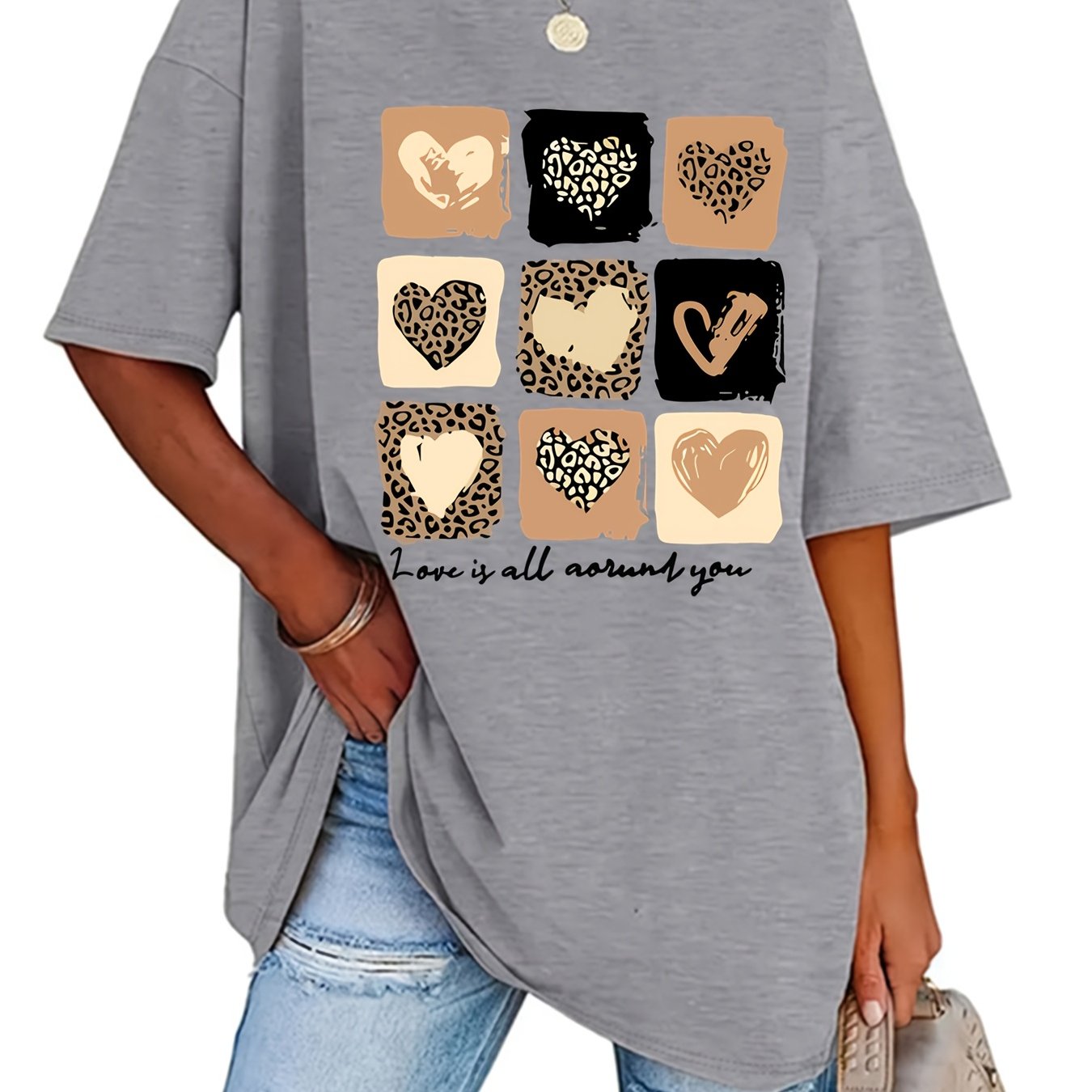 TEMU Plus Size, Pattern Print Fashion Round Neck T-shirt Plus Size