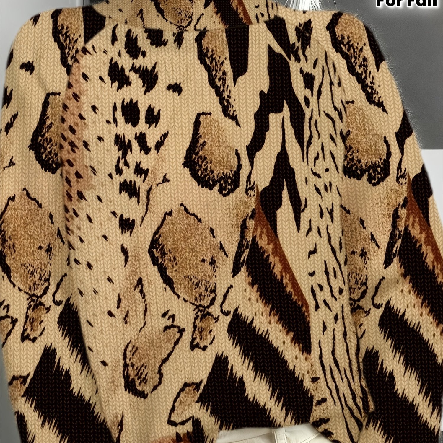 Sweater Women's Full-body Leopard Print Sweater- 2d Brown& Black Turtleneck Pullover, Soft Winter Sweating Layered Outfits For Fall/winter, Machine Washable Elegant Casual Sweaters