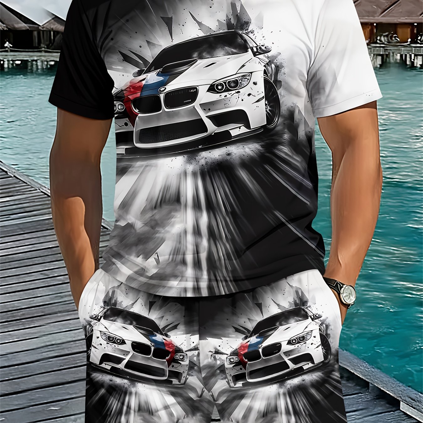 TEMU Men's 3d Digital Printing Crew Neck Short-sleeve Set, A 2pcs Set With A Performance Car Theme Design, Inherently Exuding Speed And Passion, And