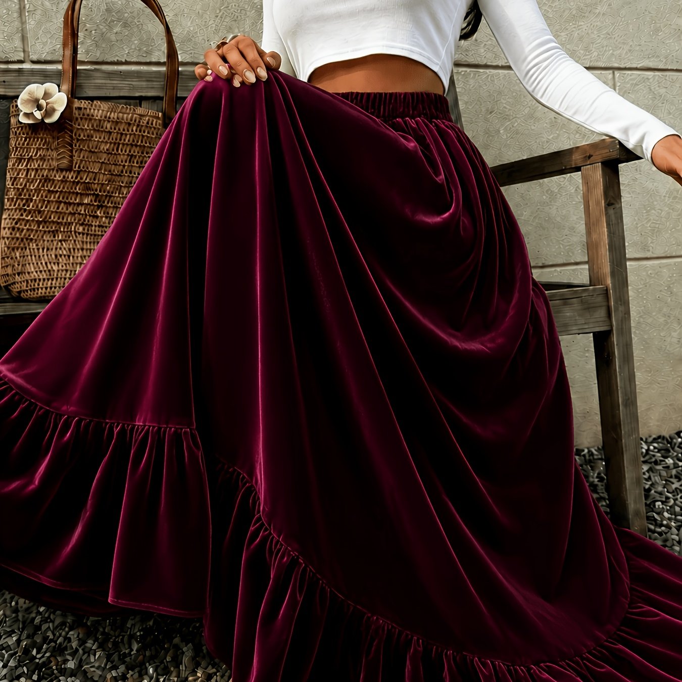 TEMU Plus Size Velvet Midi Skirt, High-waist Tummy Control A-line Floor-length Dress, Vintage Burgundy Elastic Waist, Fall Winter Date Outfit,
