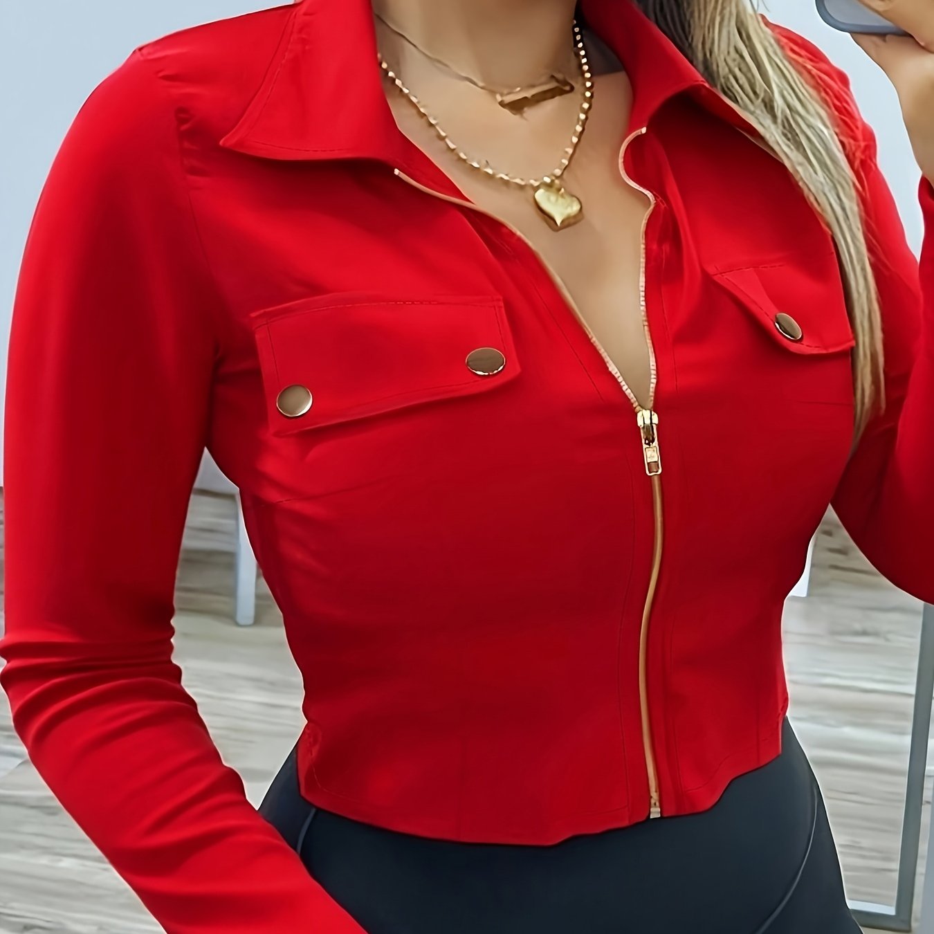TEMU Women's Slim-fit Lapel Zip Casual Solid Long Sleeve Shirt