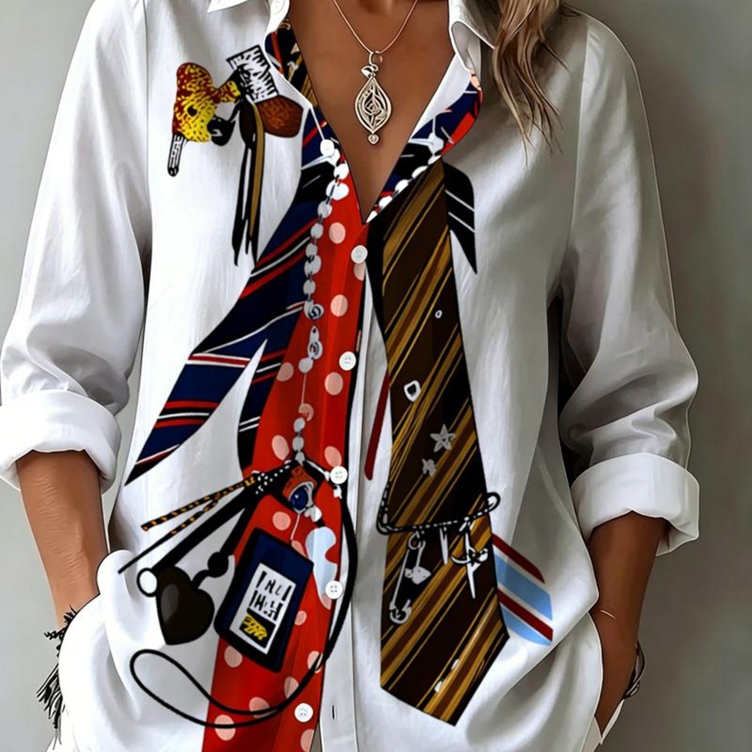 TEMU [Design Stampato - Non Cucito] Blusa da Donna con Stampa a , Top a Maniche Lunghe con in Stile Retro Preppy