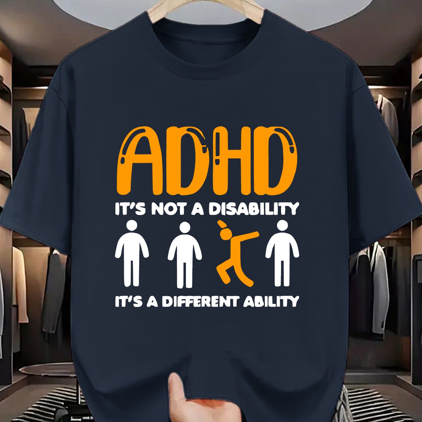 TEMU Men's Casual "adhd" Graphic T-shirt - " A Disability, It's A " Design, Short Sleeve, Round Neck, Polyester, Summer Tee, Casual Summer Wear |