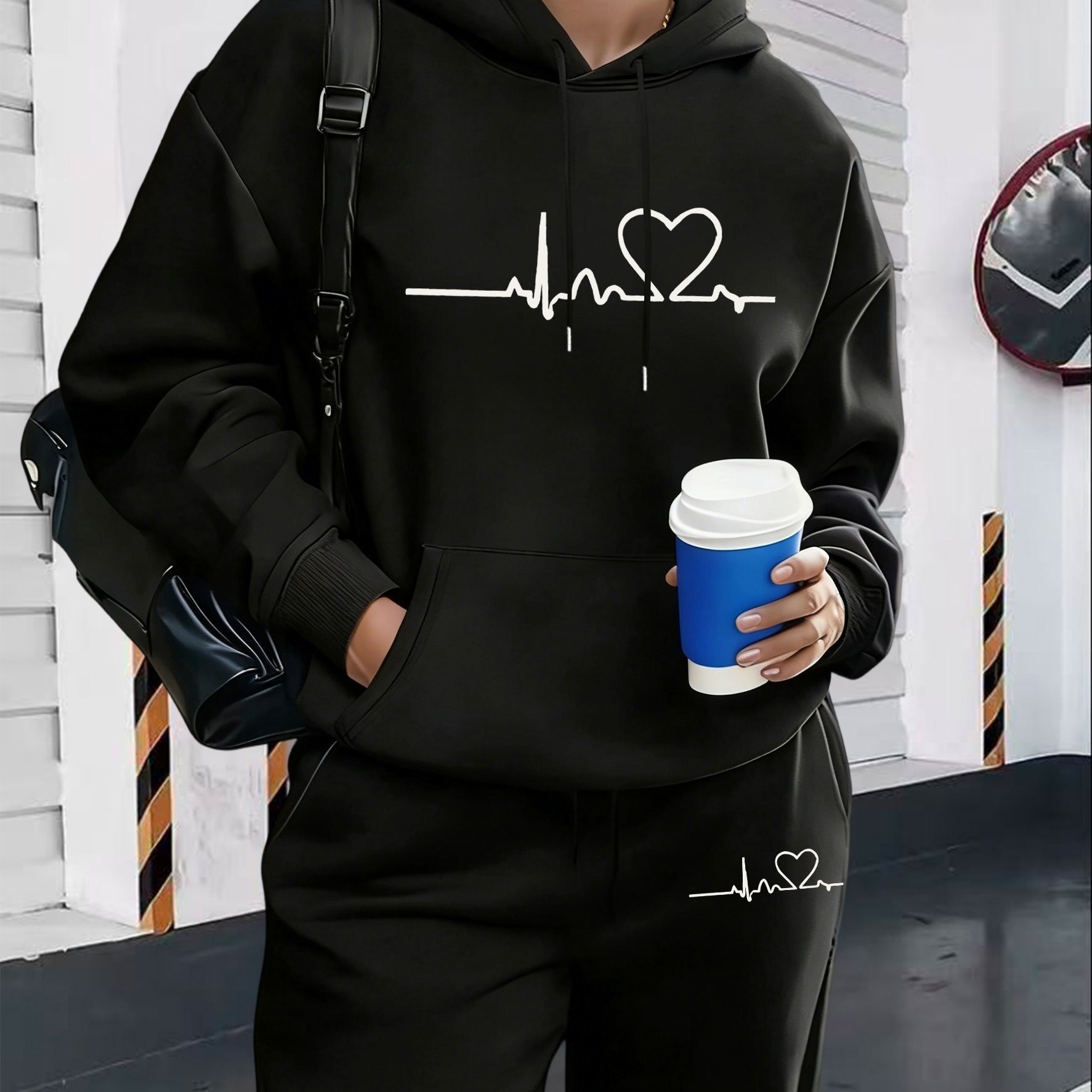 TEMU Autumn And Winter Ecg Heart Pattern Printed Women's European And Fleece Hooded Sweatshirt Set For ' Casual Wear