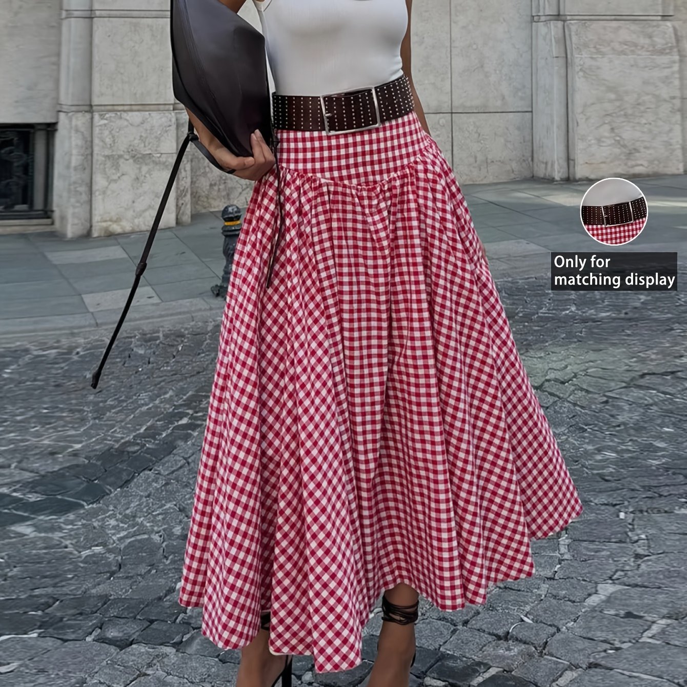 Summer New Casual Elegant Red And White Print High-waisted A-line Mid-length Skirt, Women's Loose Comfortable Lightweight , Suitable For Daily Wear, Weekend Gatherings, Light Casual Summer