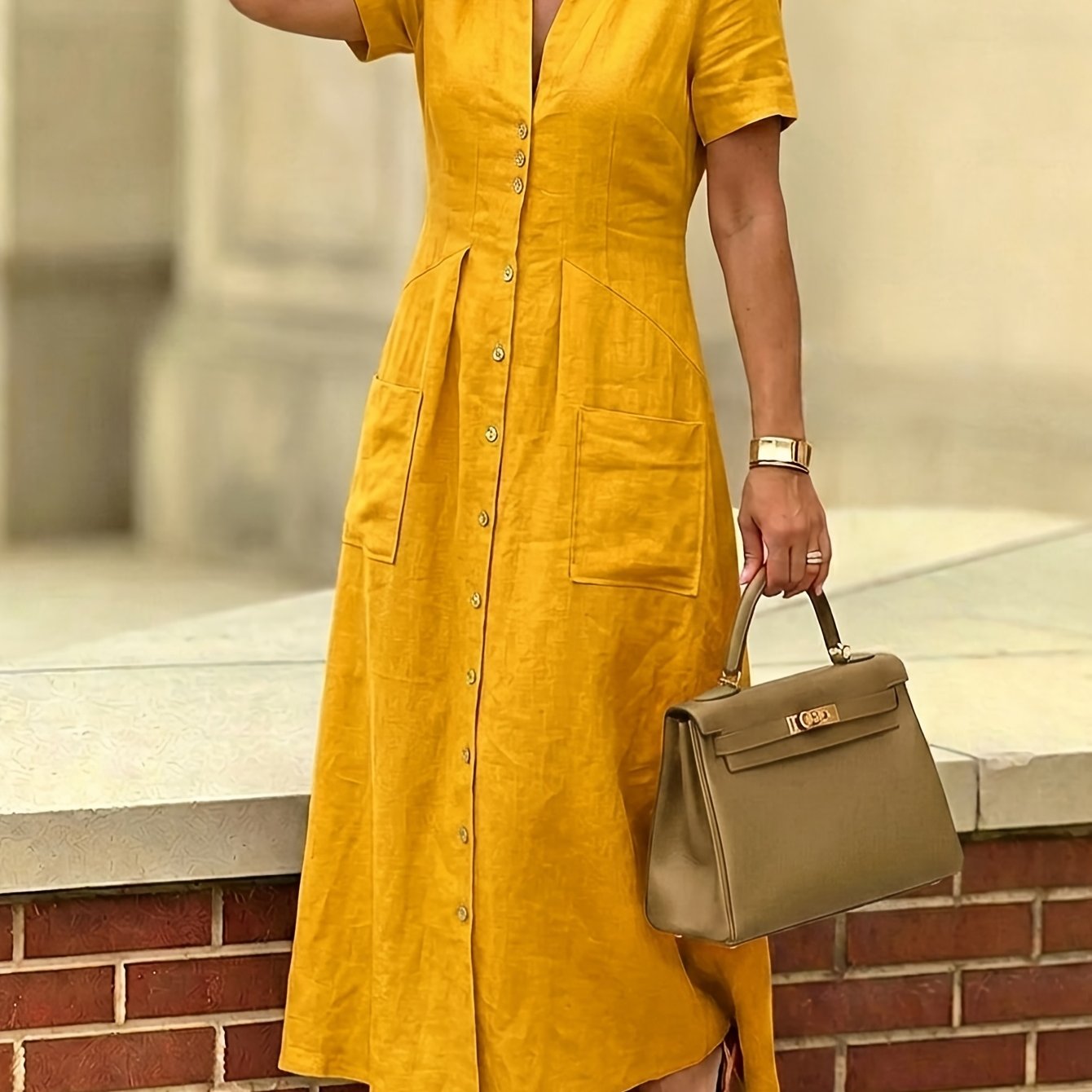 TEMU Plus Size, Plus-size Women' Color Waist-cinching Elegant Commuting Single-breasted Short-sleeve Pocket Shirt Collar Dress, Suitable For Business