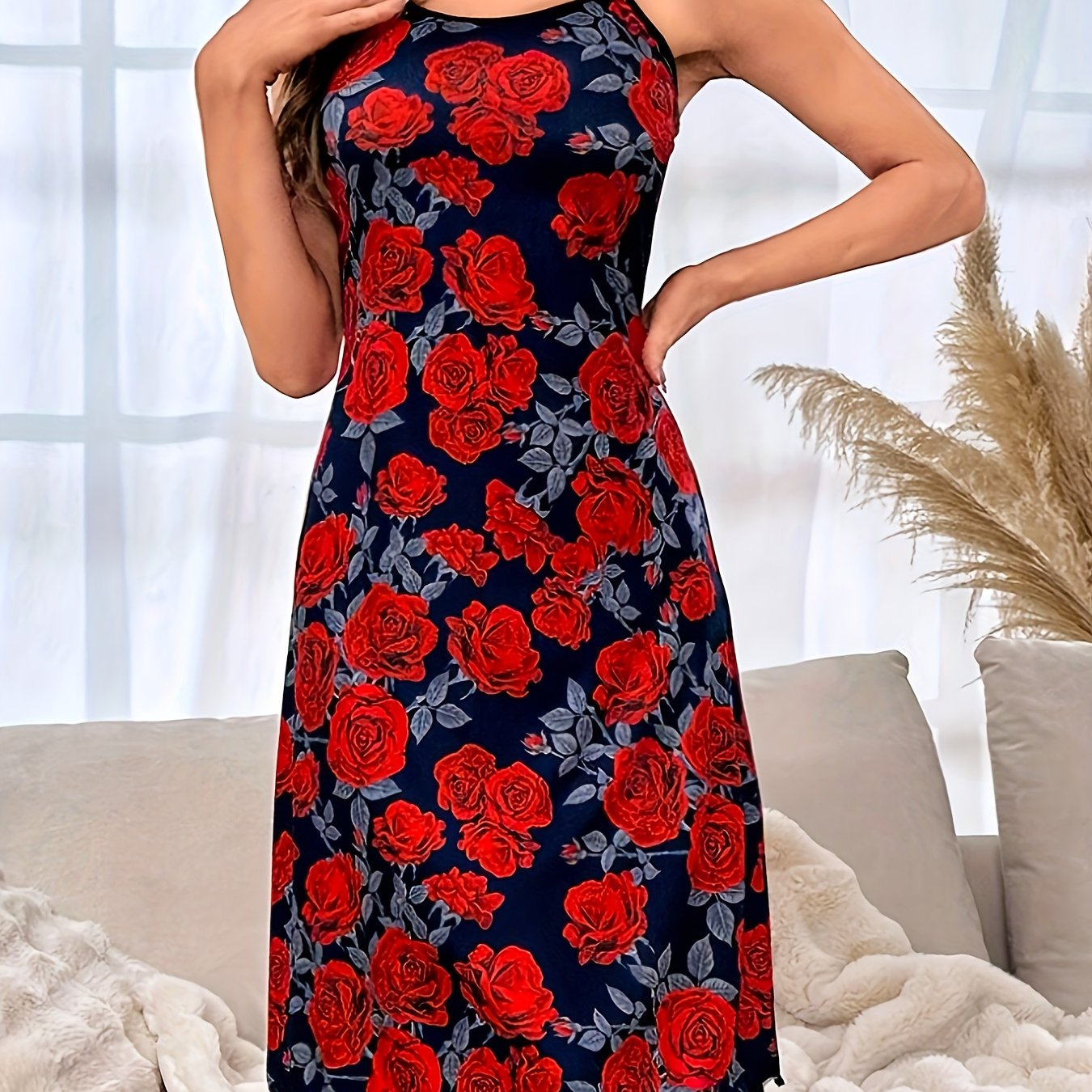 Mid-length Rose Print Dress