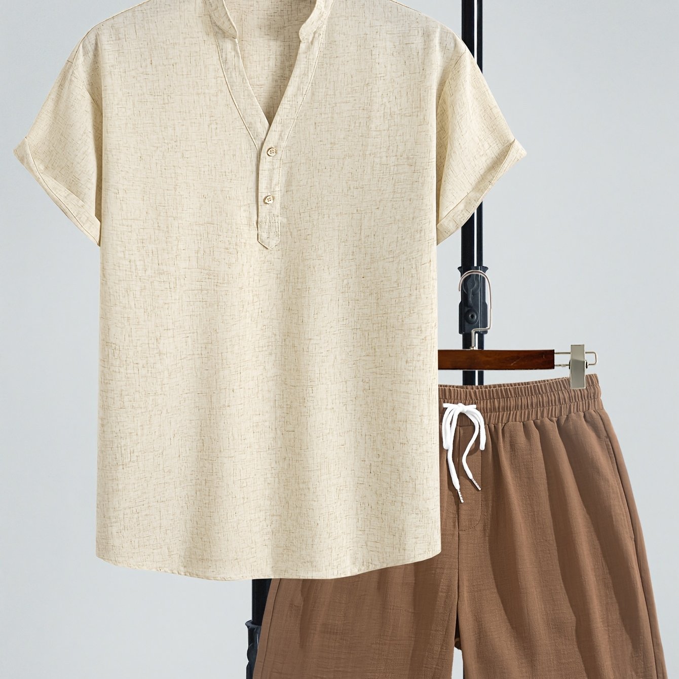 Image of Men's V-neck Short-sleeve Shirt And Drawstring Waist Shorts Set, Made From A Comfortable And Breathable Spandex-linen Fabric. Ideal For Casual Wear, This Stylish Summer Outfit Everyday And