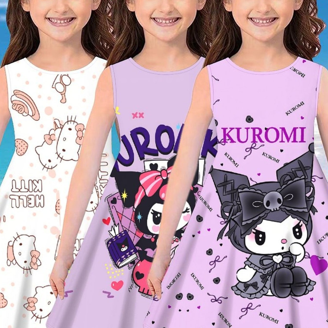 Image of Girls' 3pcs Tank Top Sleeveless Dress - Versatile Girls' And Kuromi Pattern Printing Cinnamoroll Pattern Printing Casual Fashion Dressing