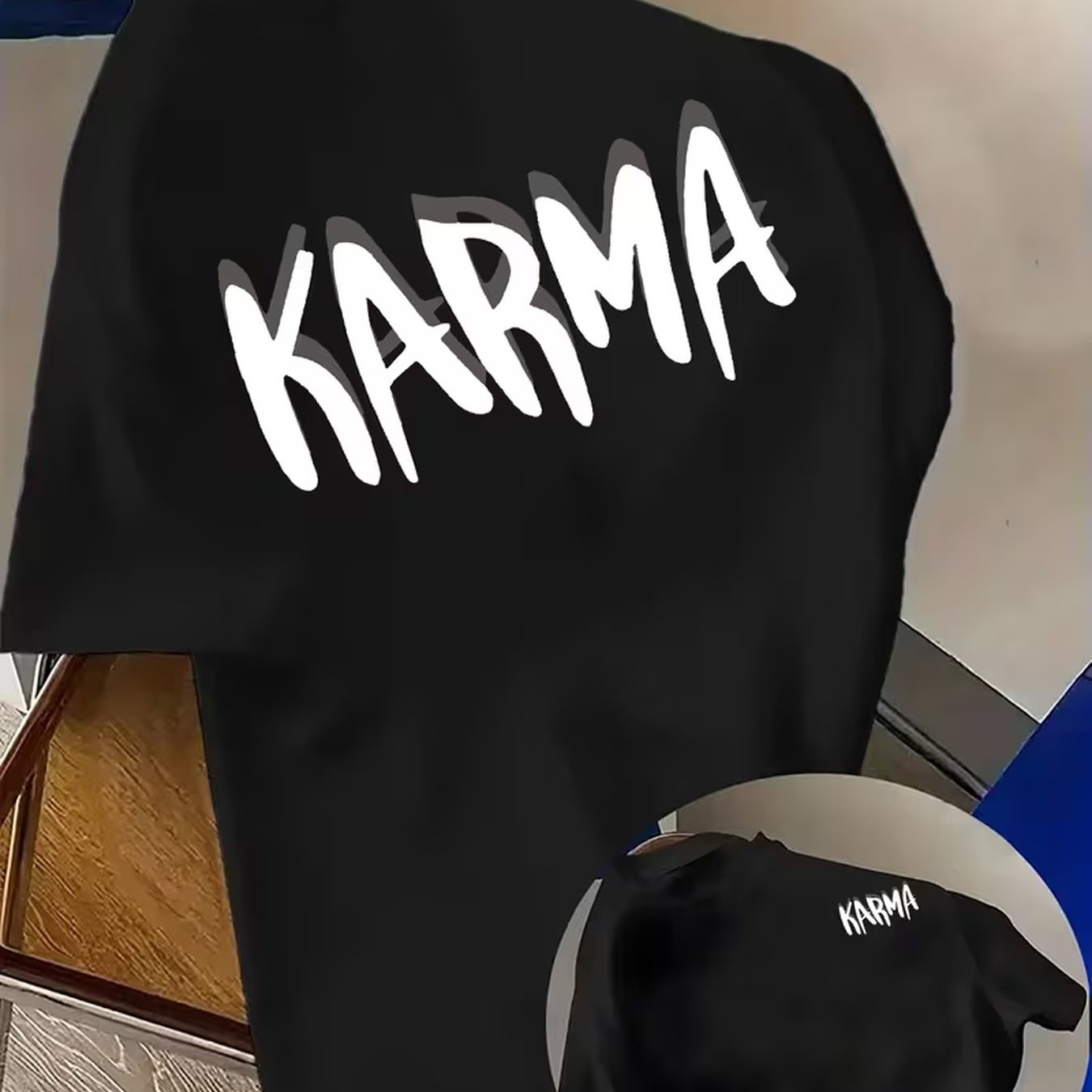TEMU Men's Fashion "karma" Pattern Print T-shirt - Easy Casual Round Neck Short Sleeve Tee, Summer Machine Washable, Suitable For Wear, Perfect For